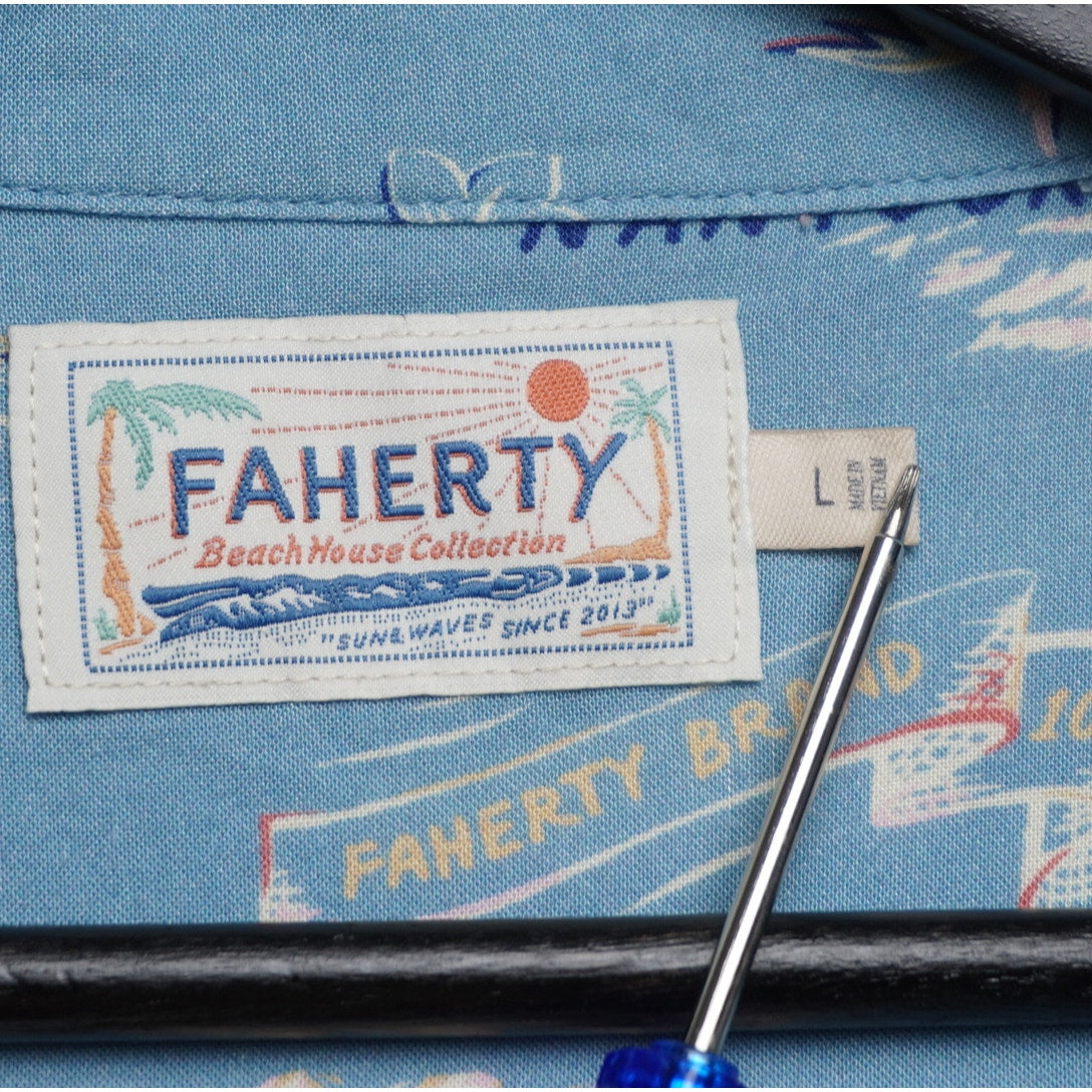 Faherty Beach House Collection Blue Beach Shirt Retro Summer Town Print Size L