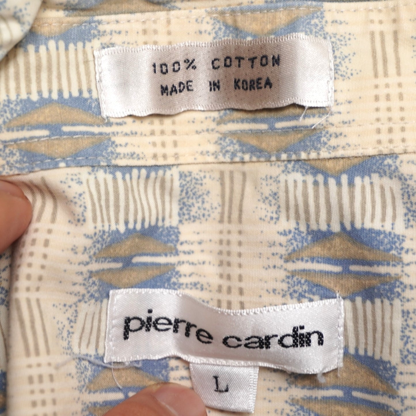Pierre Cardin Korea 100 % Cotton Geometric Shirt L Beige + Blue 90s Vintage