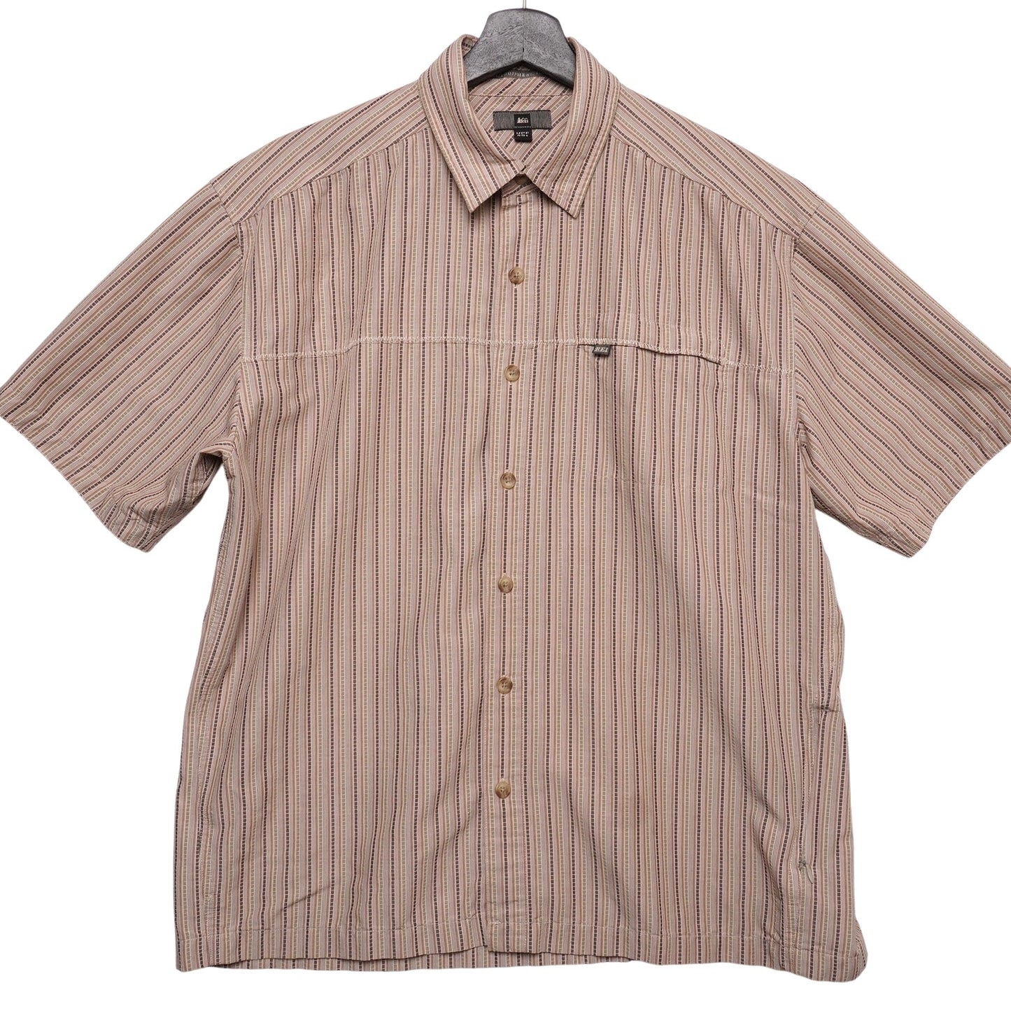 REI Shirt Mens M Stripe Pattern Short Sleeve Button Up Made in Hong Kong