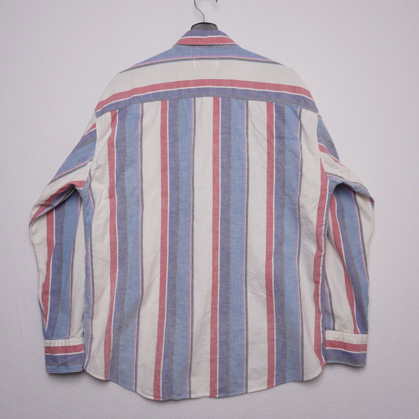 Vintage Campus Button Down Shirt L Red White Blue Vertical Stripe 100% Cotton