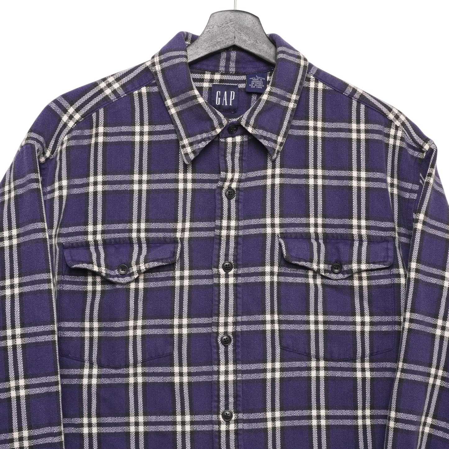 GAP Flannel Shirt Mens L Blue Cream Plaid Button Front Long Sleeve Cotton Casual