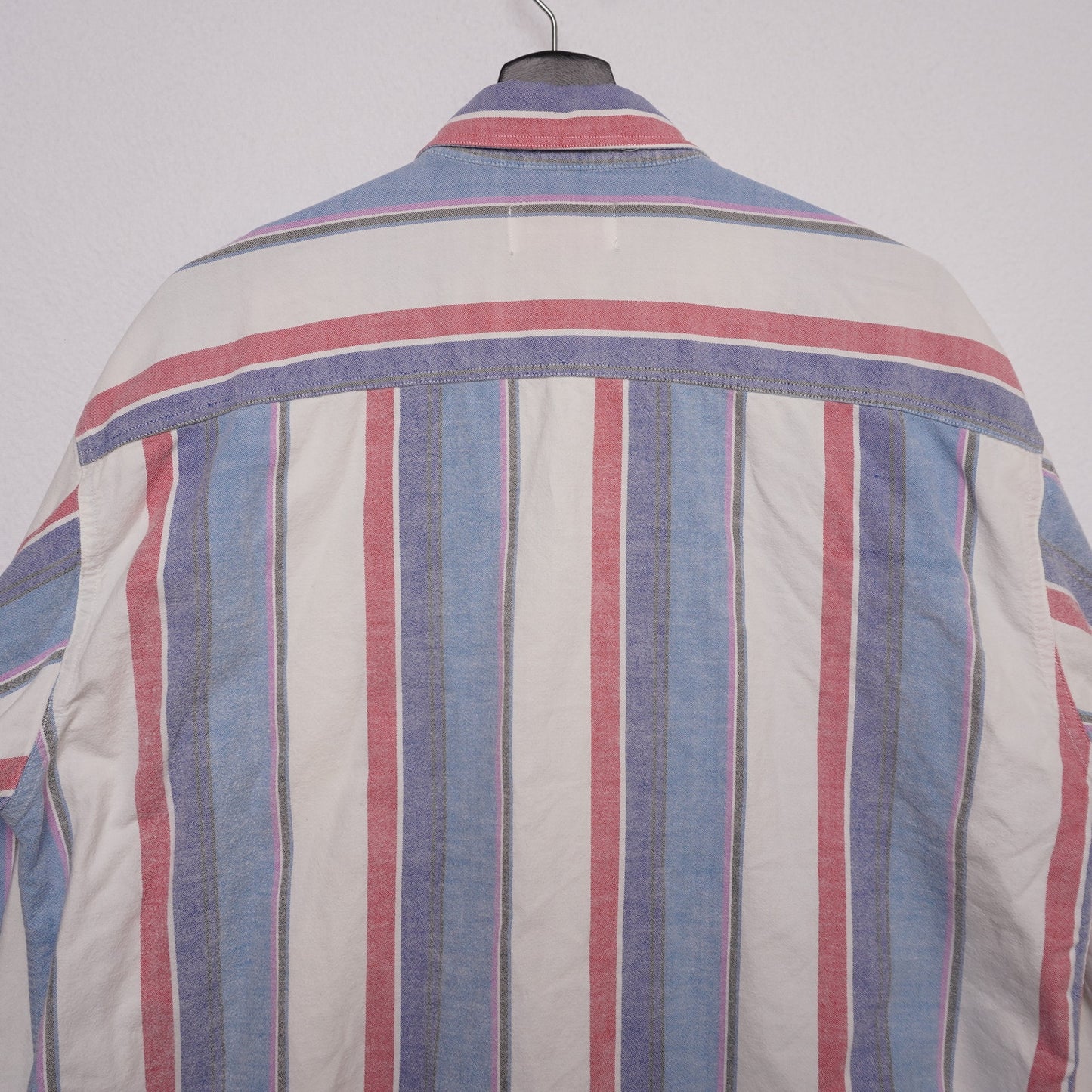 Vintage Campus Button Down Shirt L Red White Blue Vertical Stripe 100% Cotton