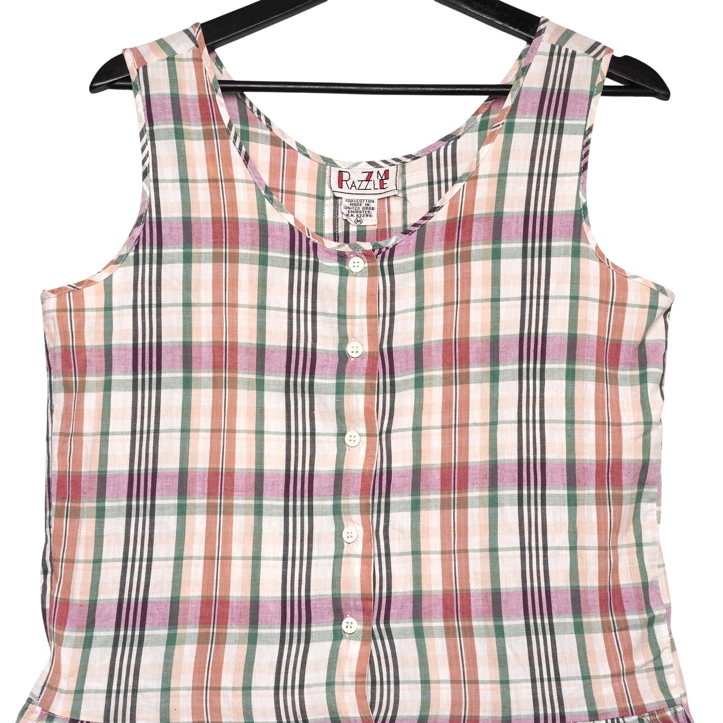 Vintage Razzle Plaid Cotton Sundress M Sleeveless Button Front Pockets