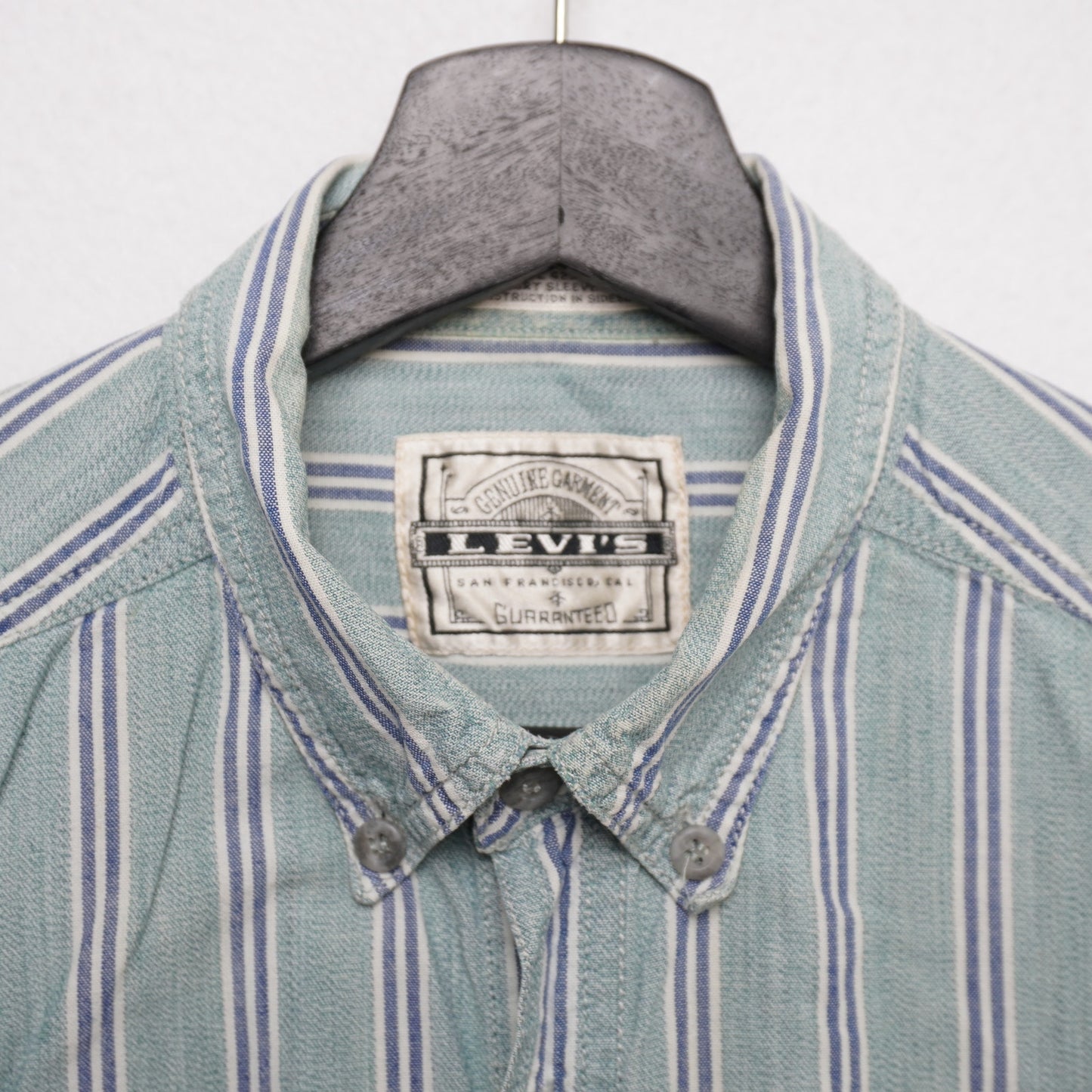 VTG Levi’s Striped Short Sleeve Button Up Shirt Green Blue Cotton Men's Medium