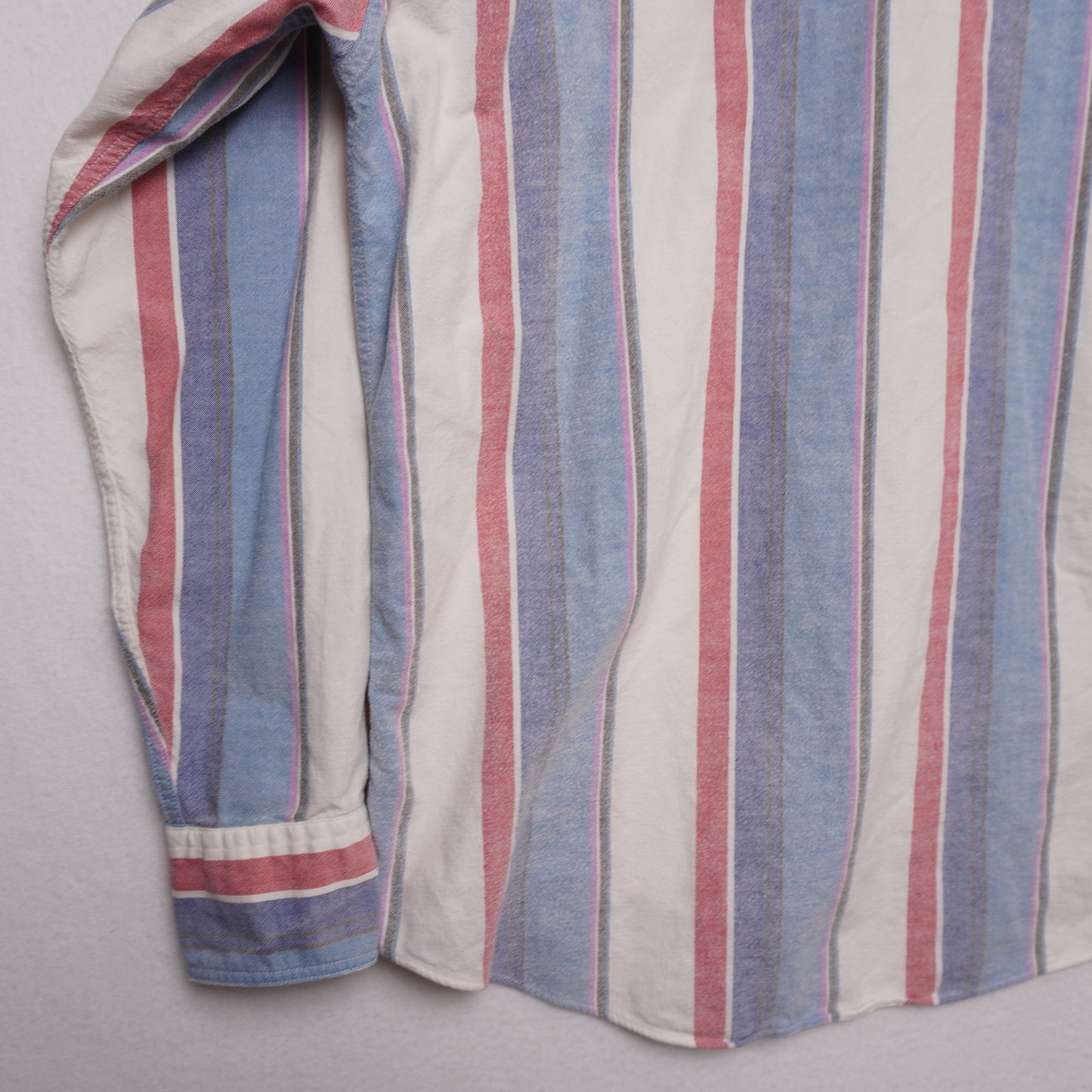 Vintage Campus Button Down Shirt L Red White Blue Vertical Stripe 100% Cotton