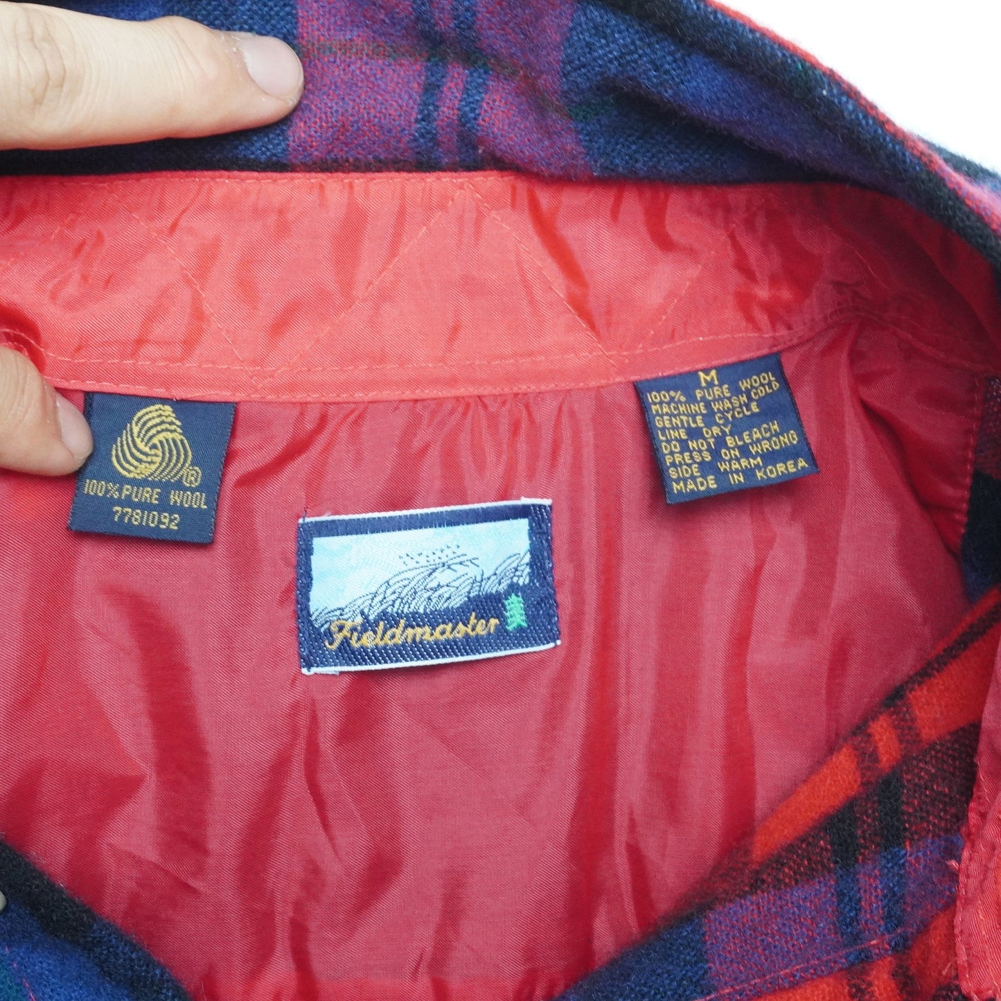Vintage Fieldmaster Wool Shirt Men’s M Red Blue Plaid Lined Flannel Made in Korea
