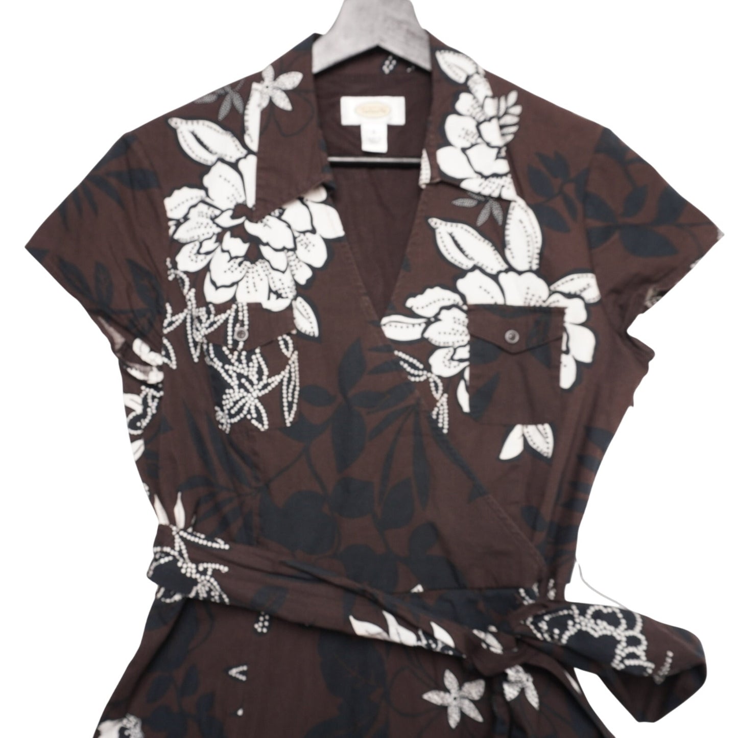 Talbots Women's Brown White Floral Wrap Dress Short Sleeve A-Line Midi Retro Fit Flare