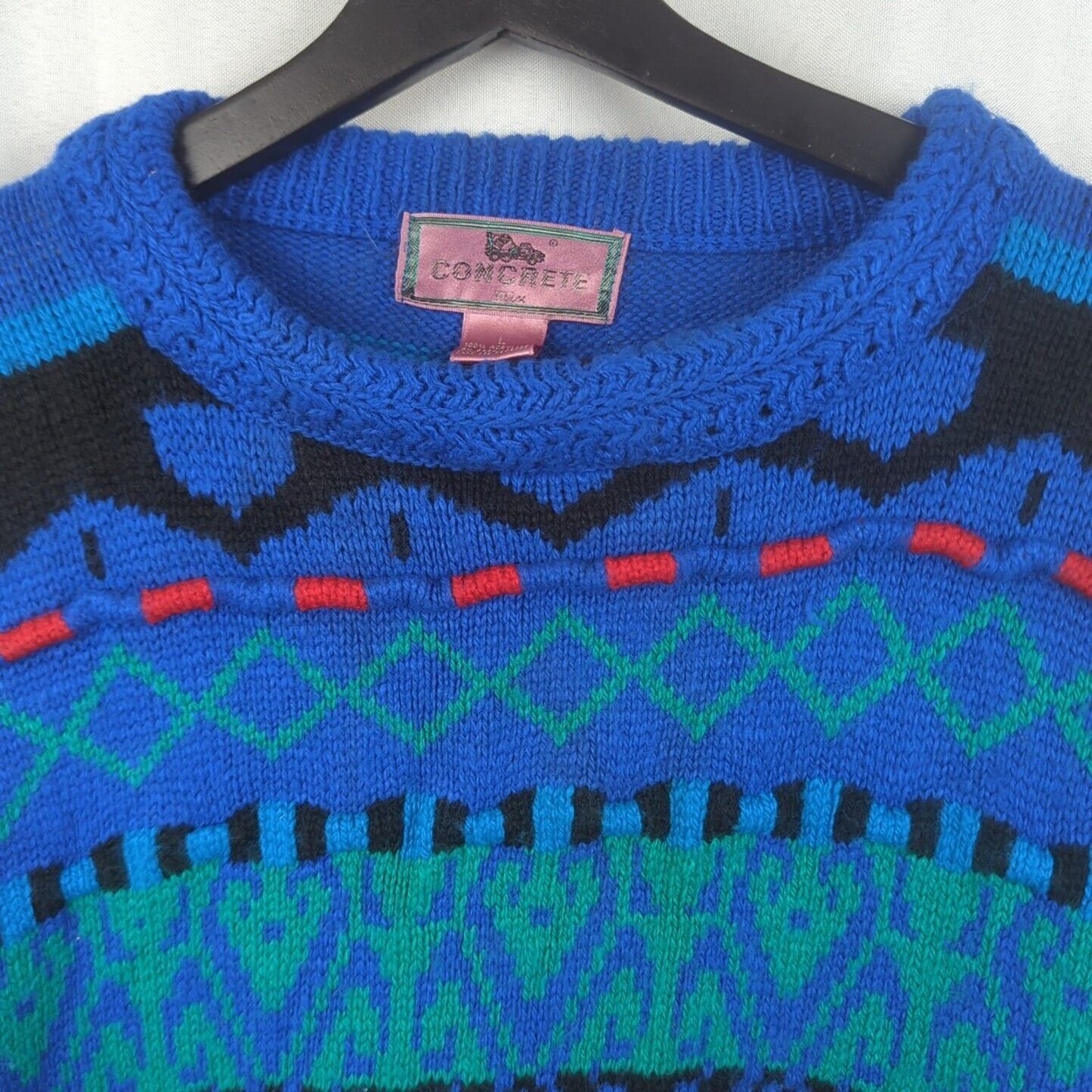 Concrete Mix Sweater Mens Size L Vintage Crew Neck Knit Pullover Blue Green Red