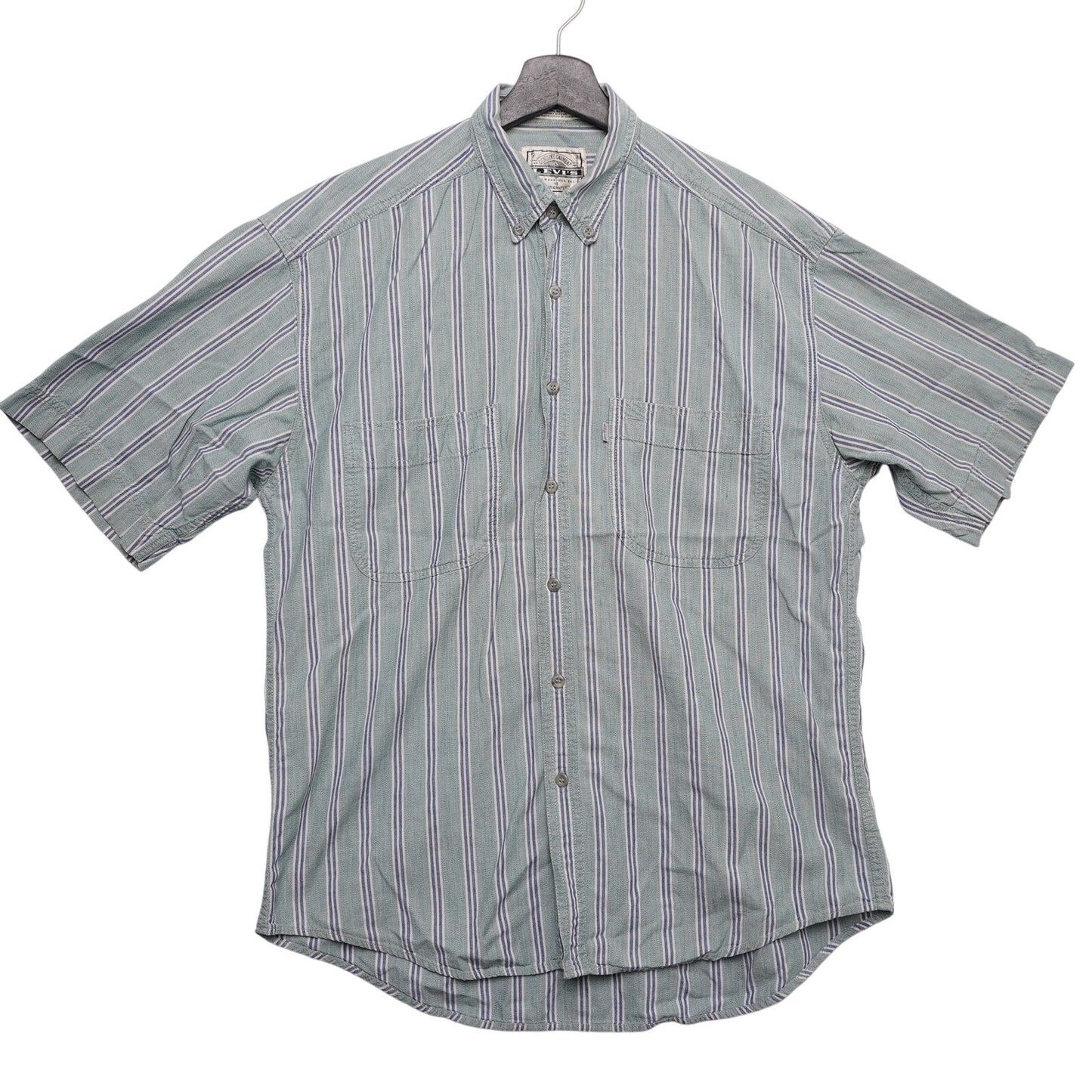 VTG Levi’s Striped Short Sleeve Button Up Shirt Green Blue Cotton Men's Medium