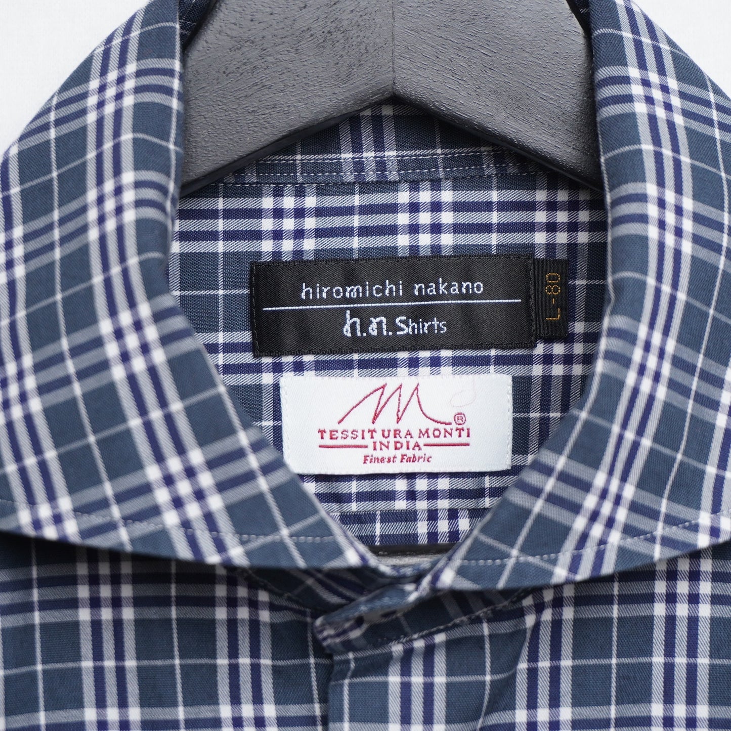 Hiromichi Nakano Short Sleeve Cutaway Collar Shirt Blue/Green Plaid 100% Cotton