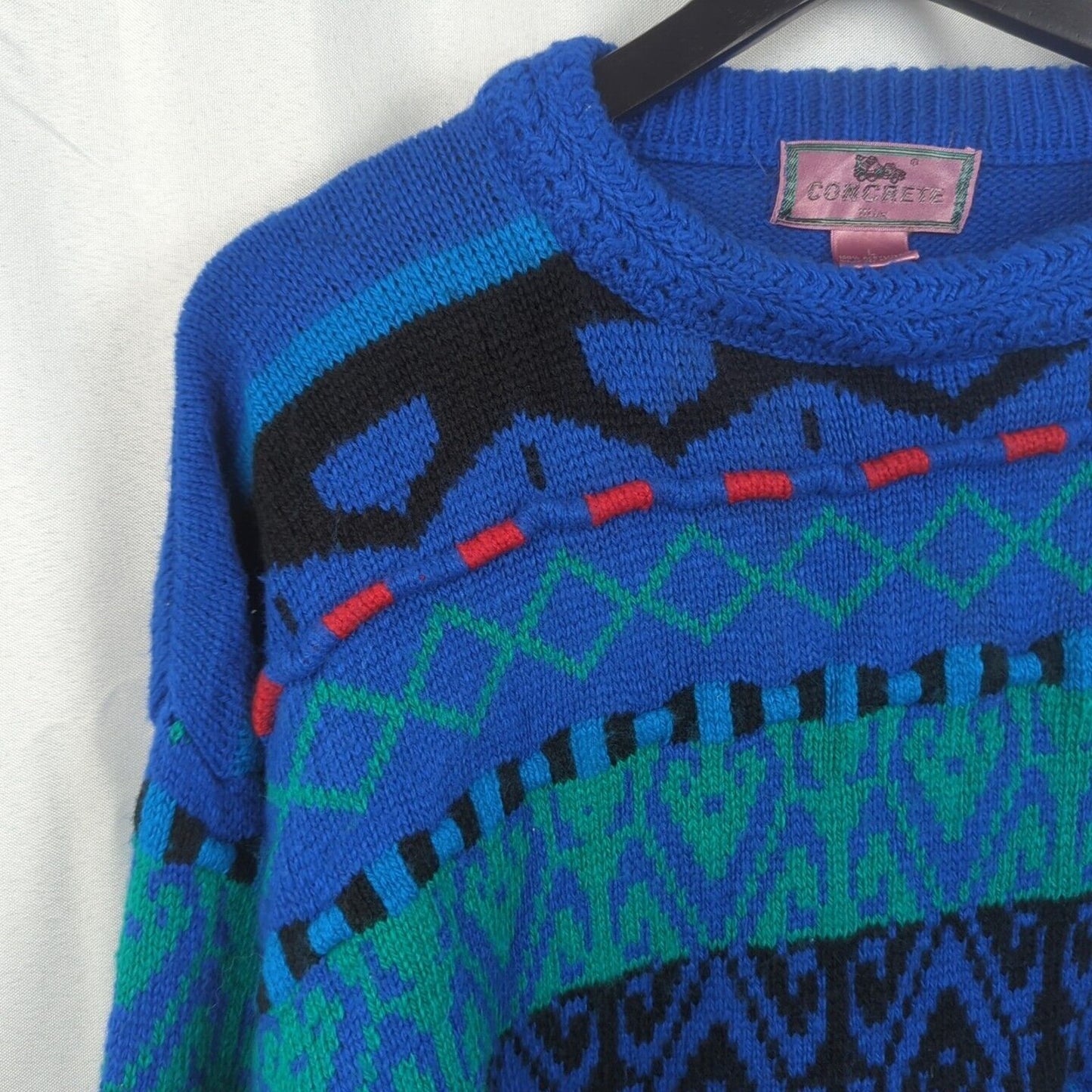 Concrete Mix Sweater Mens Size L Vintage Crew Neck Knit Pullover Blue Green Red