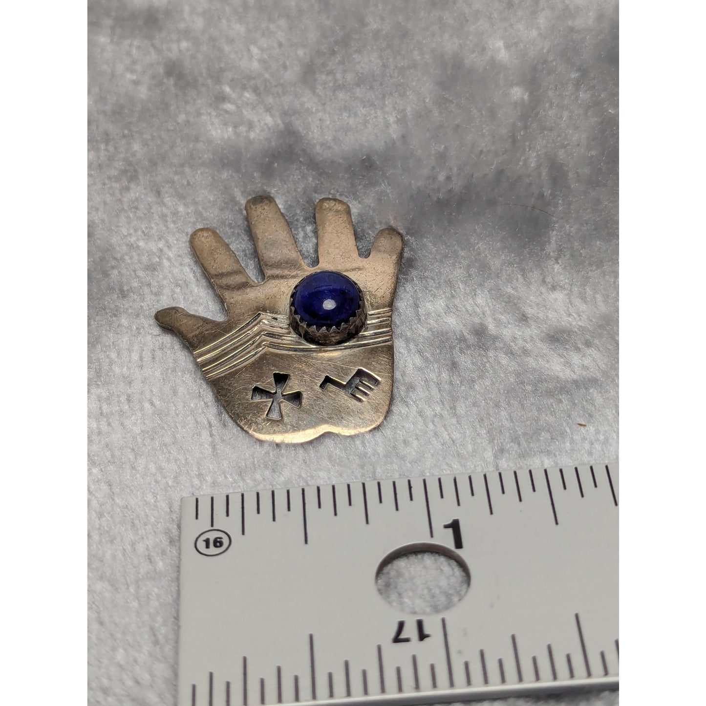 Vintage Southwestern Sterling Silver Hand Brooch with Lapis Lazuli Cabochon