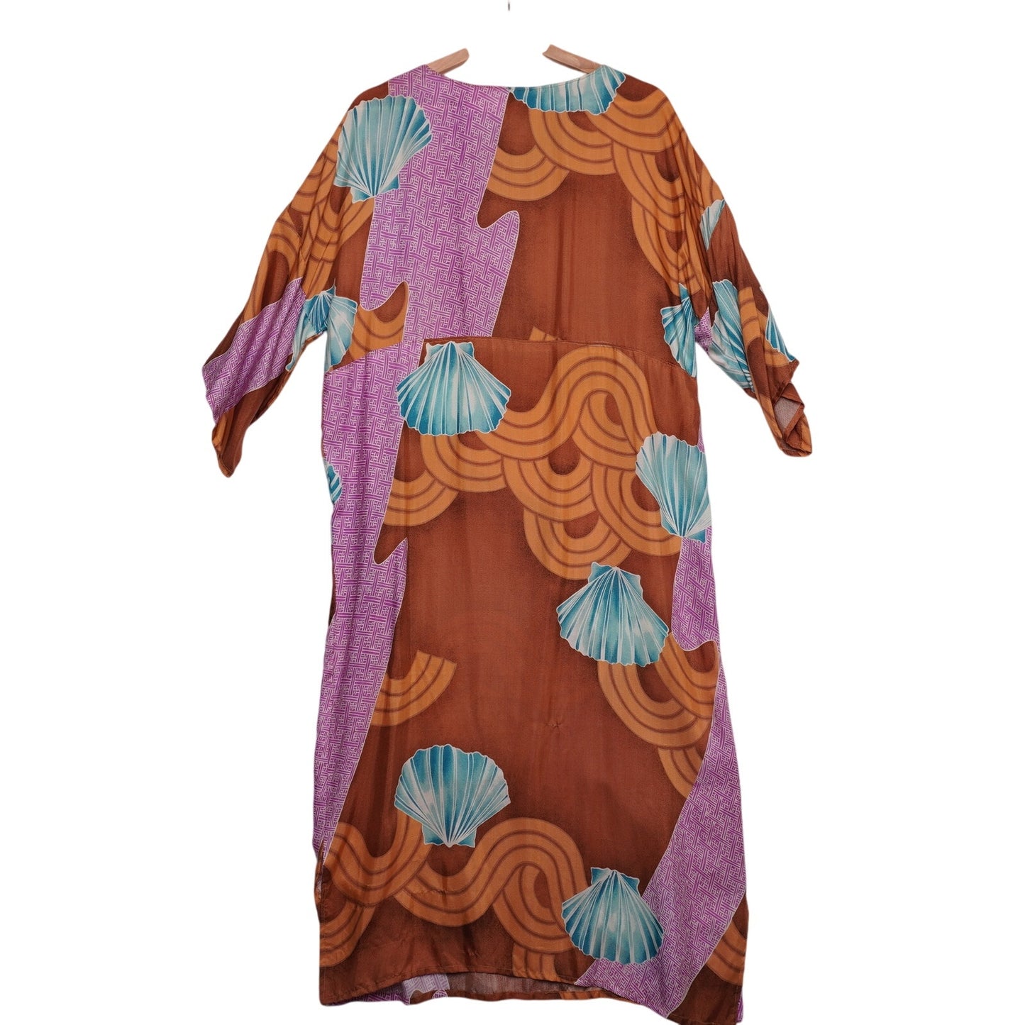 Vintage Handmade Kimono-Inspired Dress Brown Abstract Waves Shell Print Boho M/L