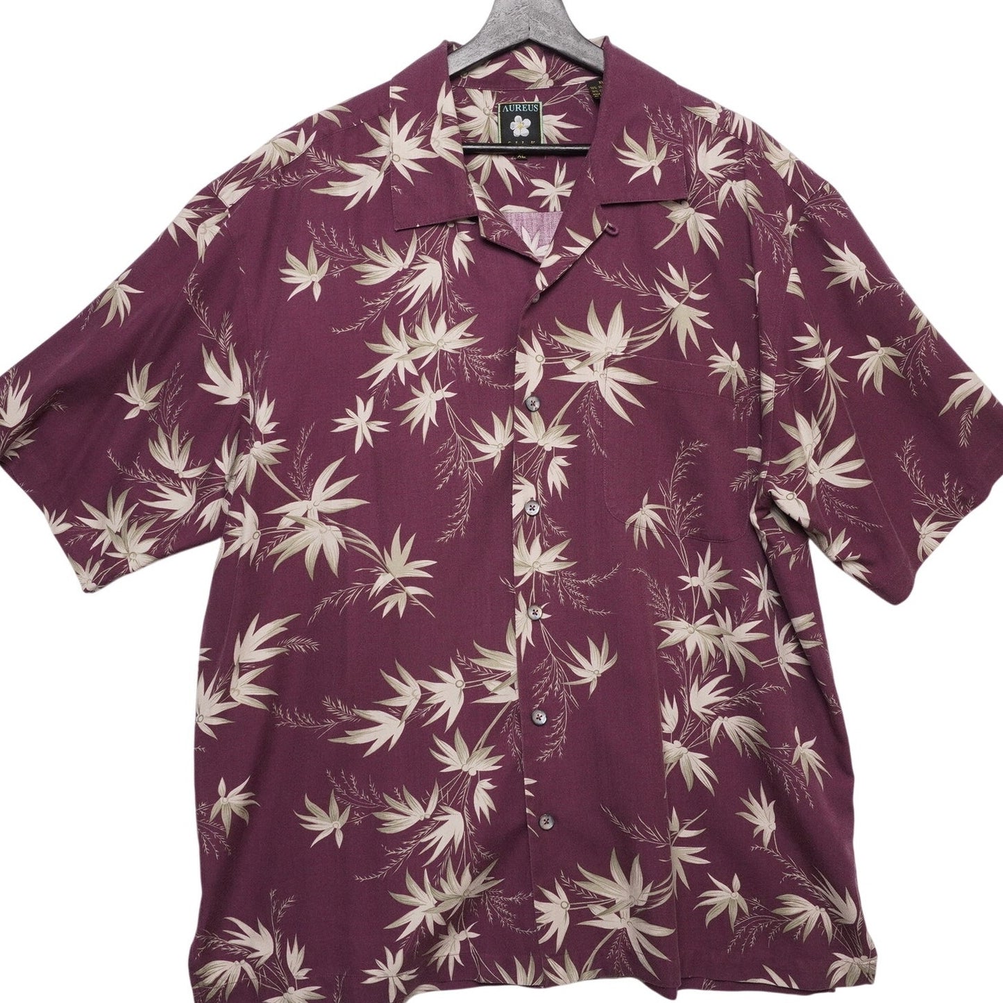 Aureus Silk Hawaiian Shirt Men’s XL Purple Floral 70% Silk Aloha Camp Collar