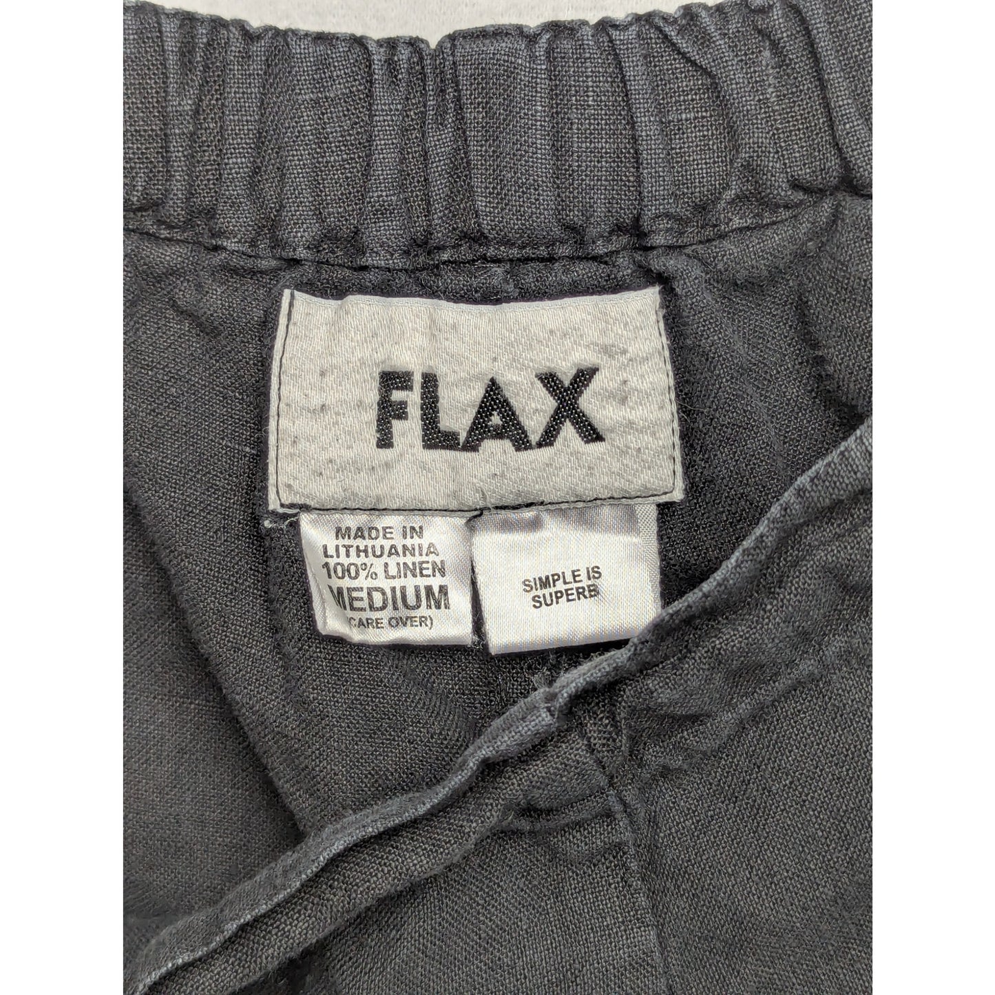 FLAX 100% Linen Pants Medium Black Relaxed Fit Elastic Waist Casual Minimalist