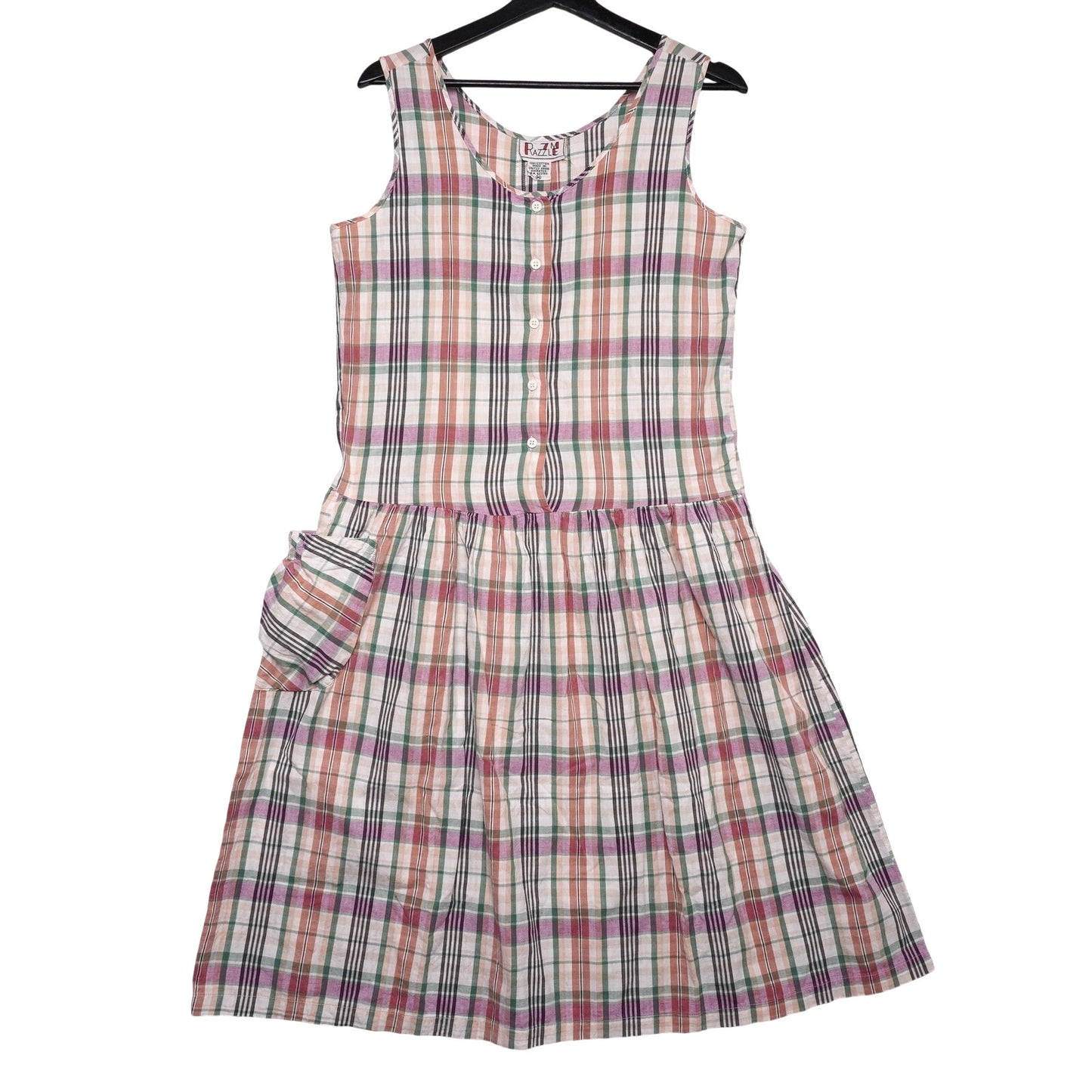 Vintage Razzle Plaid Cotton Sundress M Sleeveless Button Front Pockets