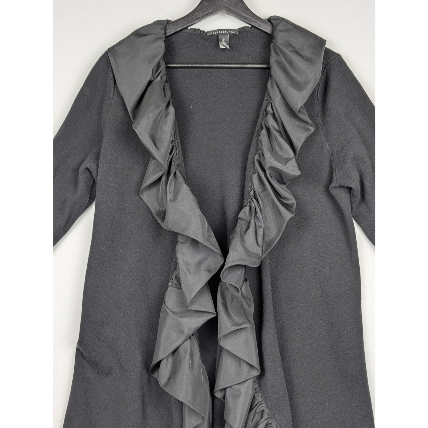 Chico's Black Label Ruffle Trim Long Duster Cardigan Jacket Size 2 Black