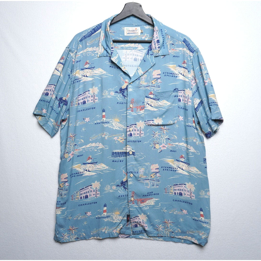 Faherty Beach House Collection Blue Beach Shirt Retro Summer Town Print Size L