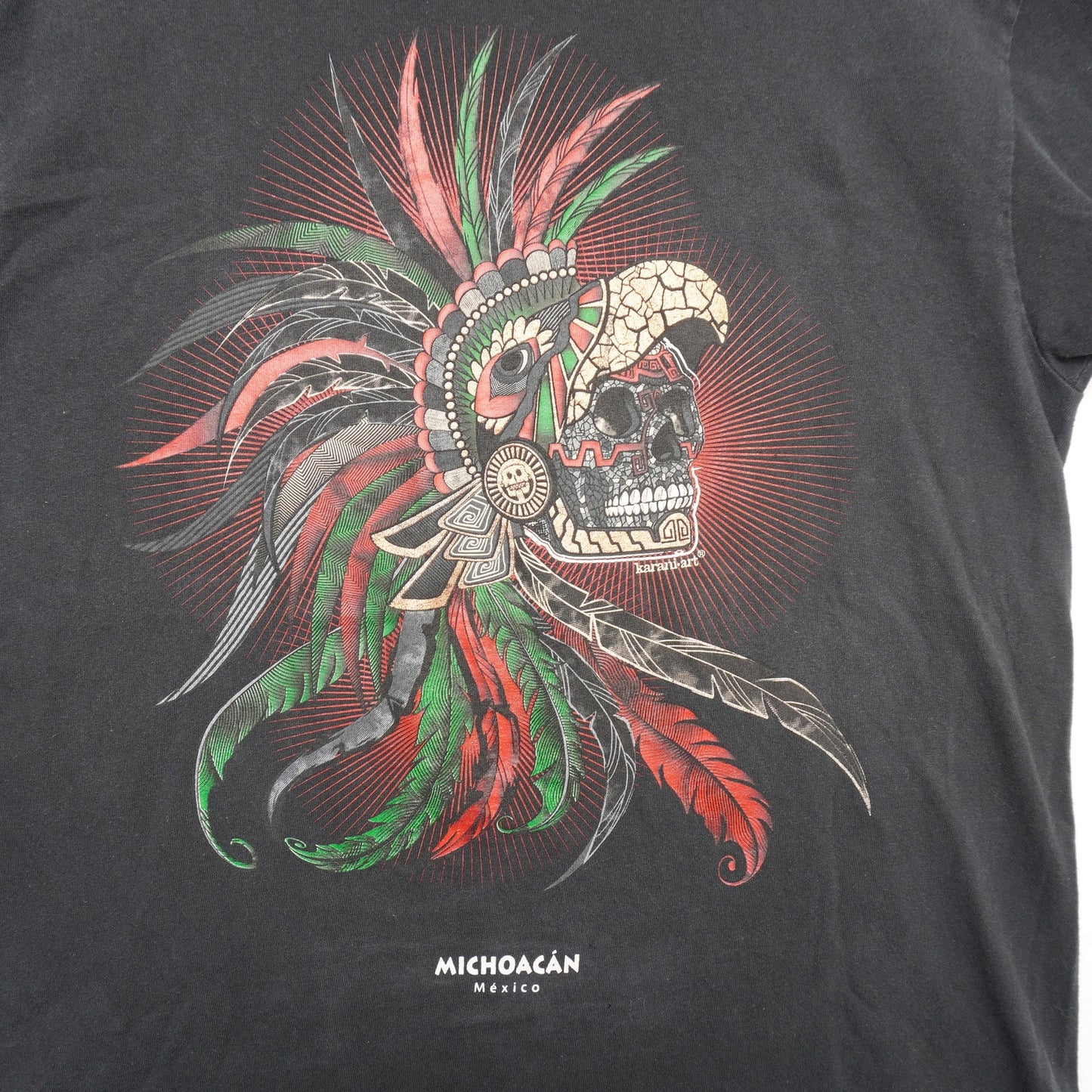 Michoacán Mexico Aztec Skull Feather Headdress Graphic T-Shirt Karani Art Size L