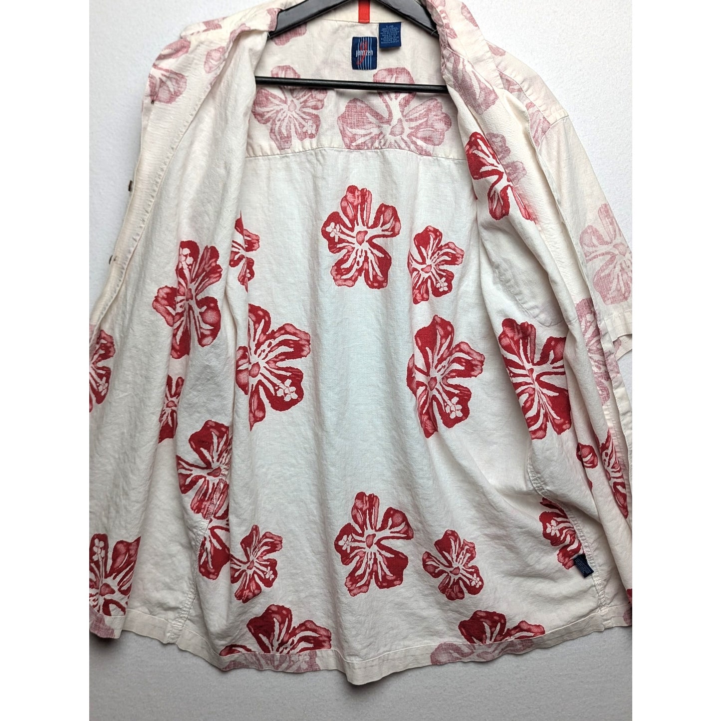 VTG Jantzen White Reverse Print Linen Blend Hawaiian Shirt Red Floral Print Sz L