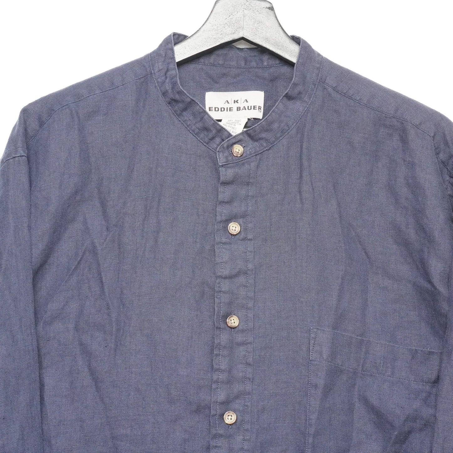 AKA Eddie Bauer Linen Shirt XL Band Collar Navy Blue Long Sleeve Button Front