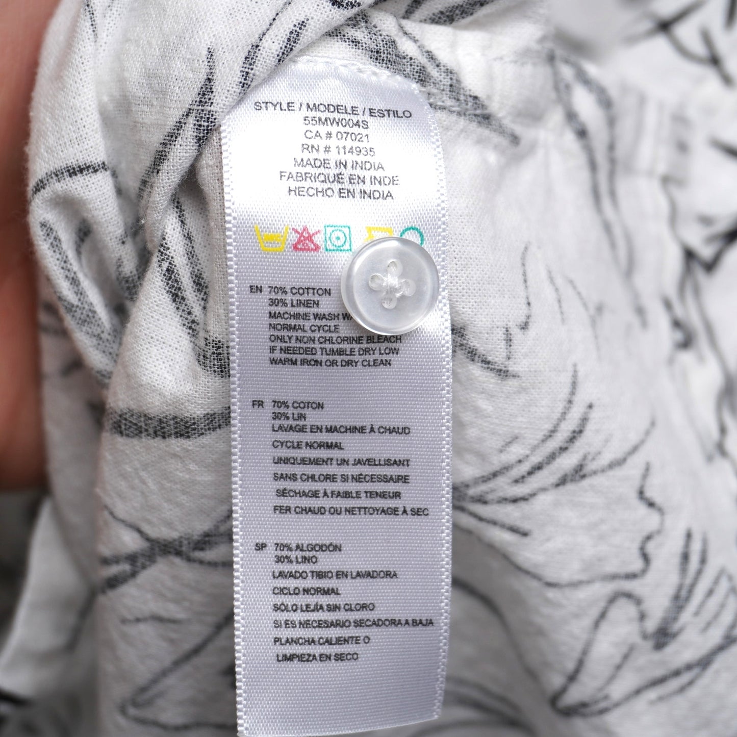 Hedge White Short Sleeve Linen Blend Shirt Black Floral Print Size Small