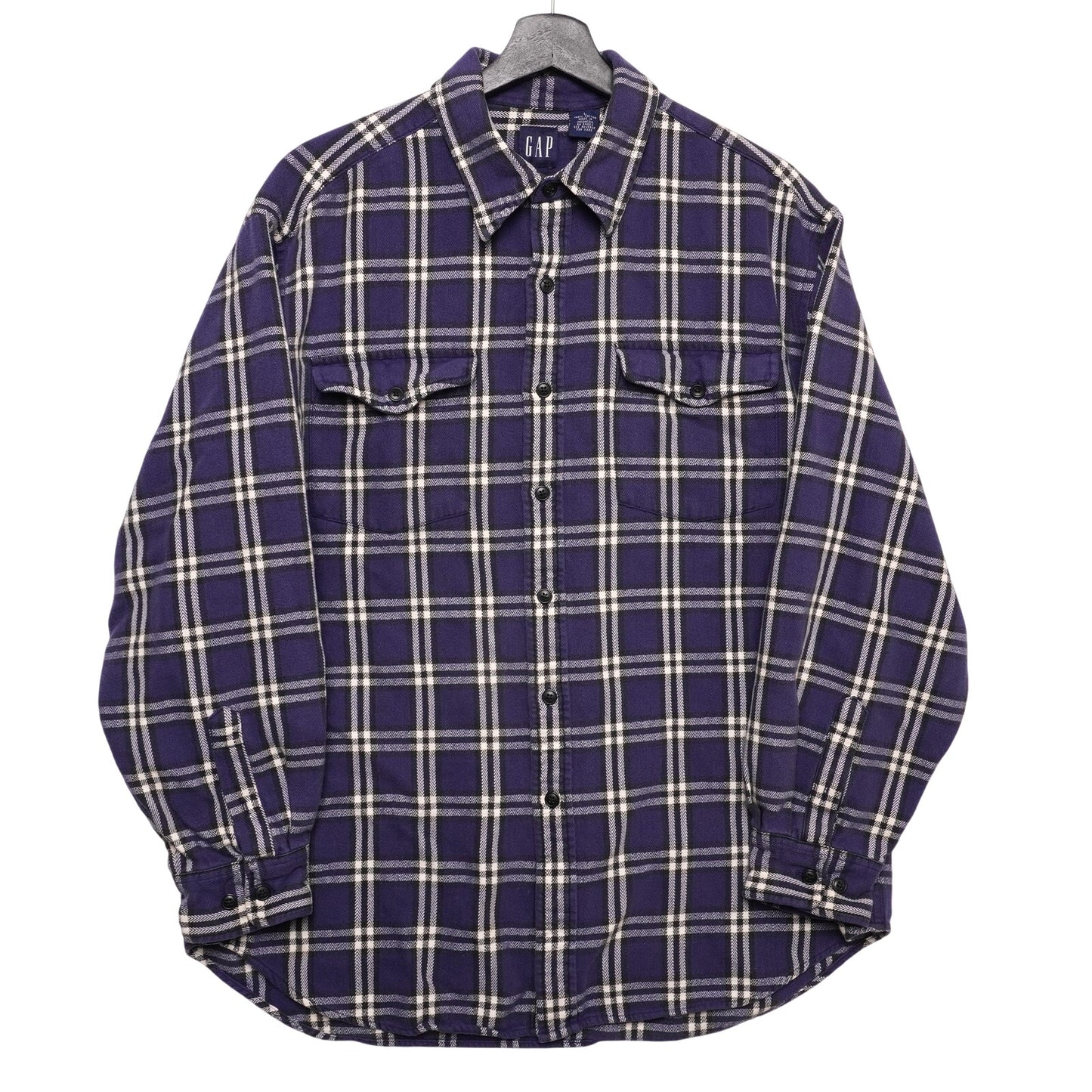 GAP Flannel Shirt Mens L Blue Cream Plaid Button Front Long Sleeve Cotton Casual