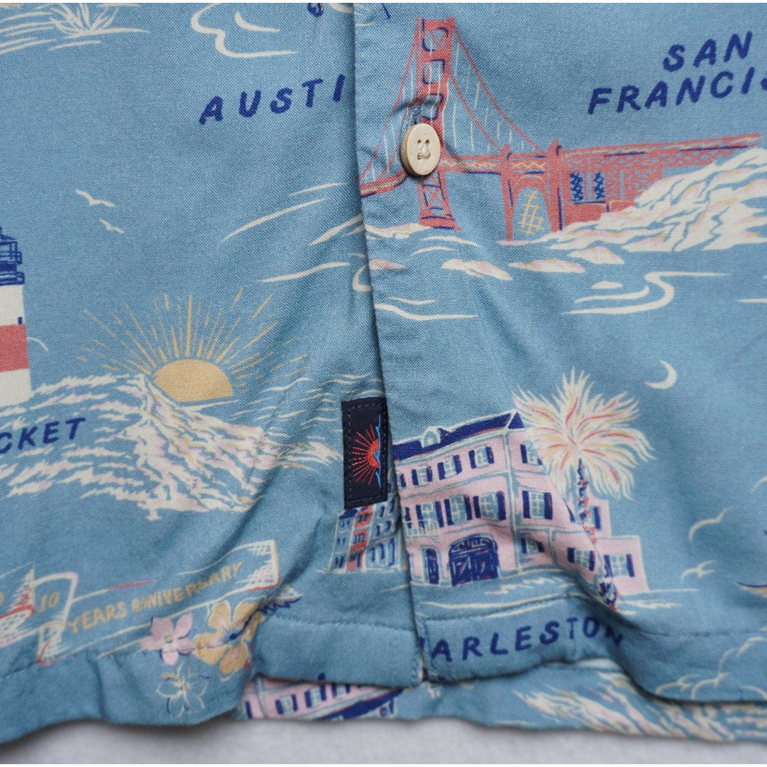 Faherty Beach House Collection Blue Beach Shirt Retro Summer Town Print Size L