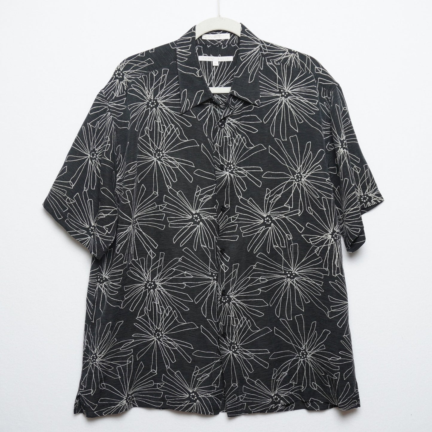 Geoffrey Beene Black Silk Linen Short Sleeve Shirt Abstract Floral Print Size XL
