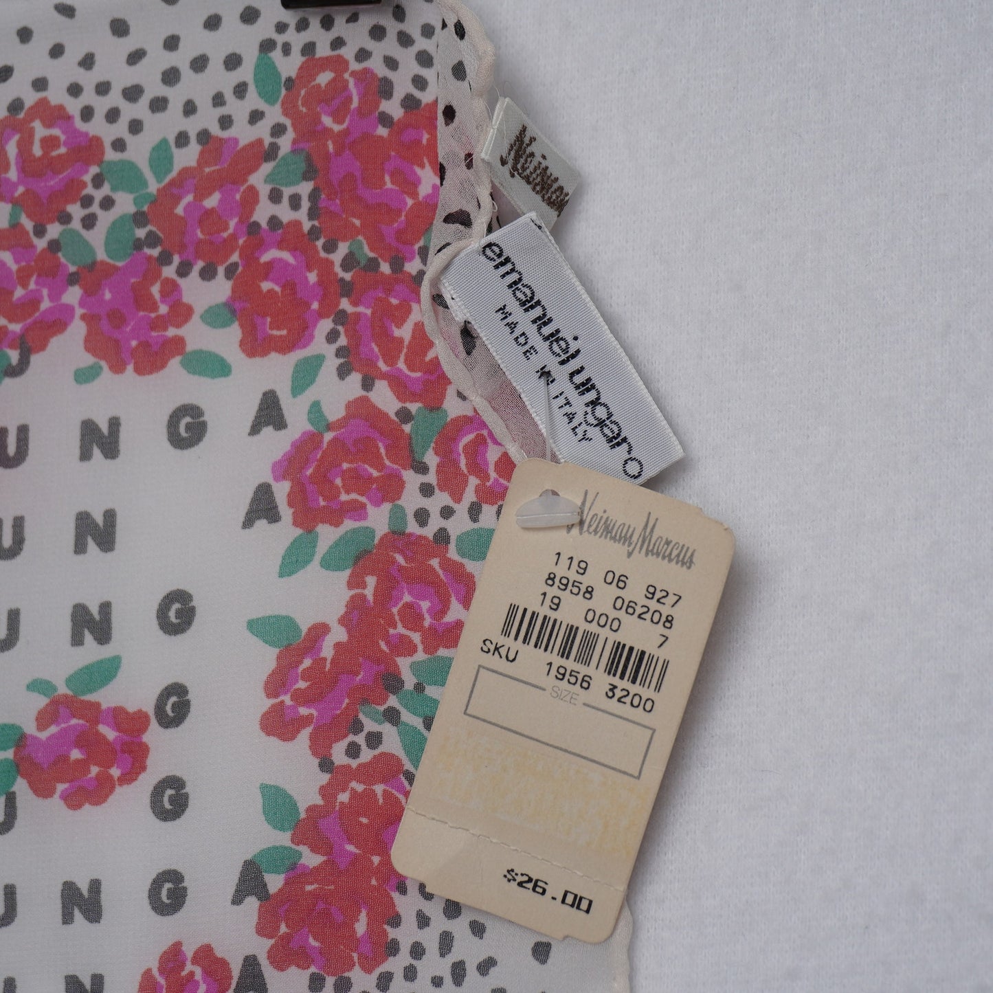 Vintage Emmanuel Ungaro Namesake Rose and Dot Print Scarf w/ Neiman Marcus Tags