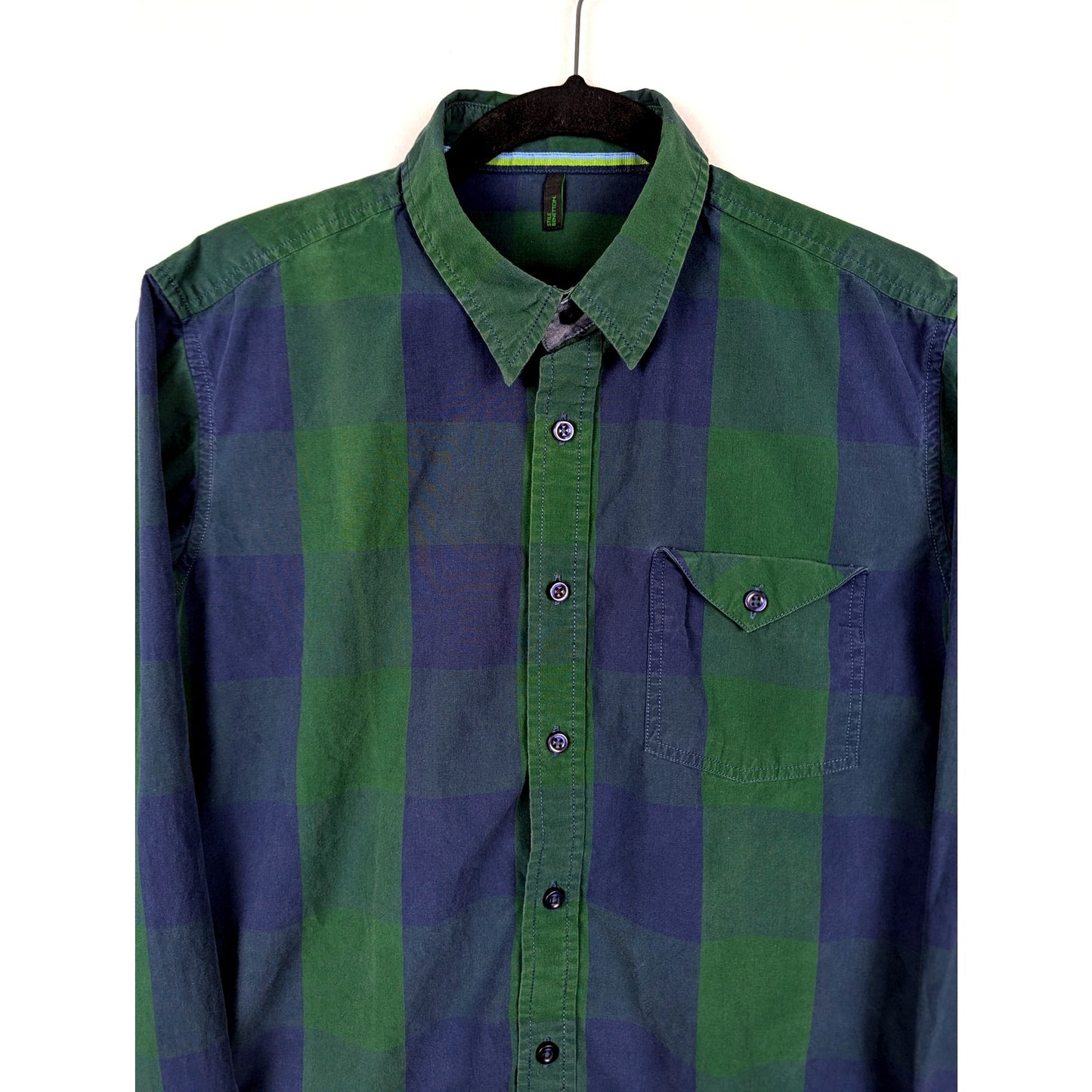 Benetton Green Plaid Shirt Size Men's Large