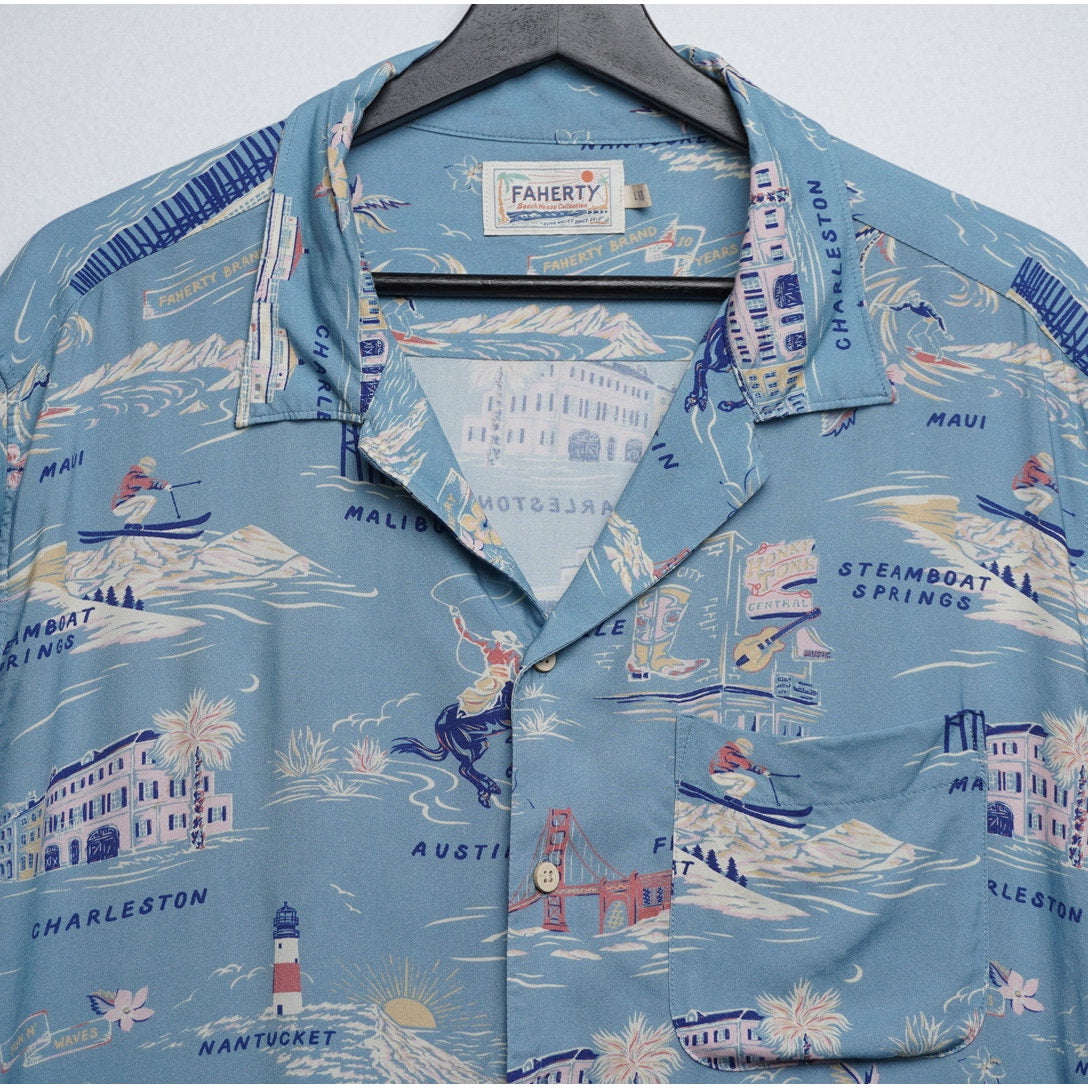 Faherty Beach House Collection Blue Beach Shirt Retro Summer Town Print Size L