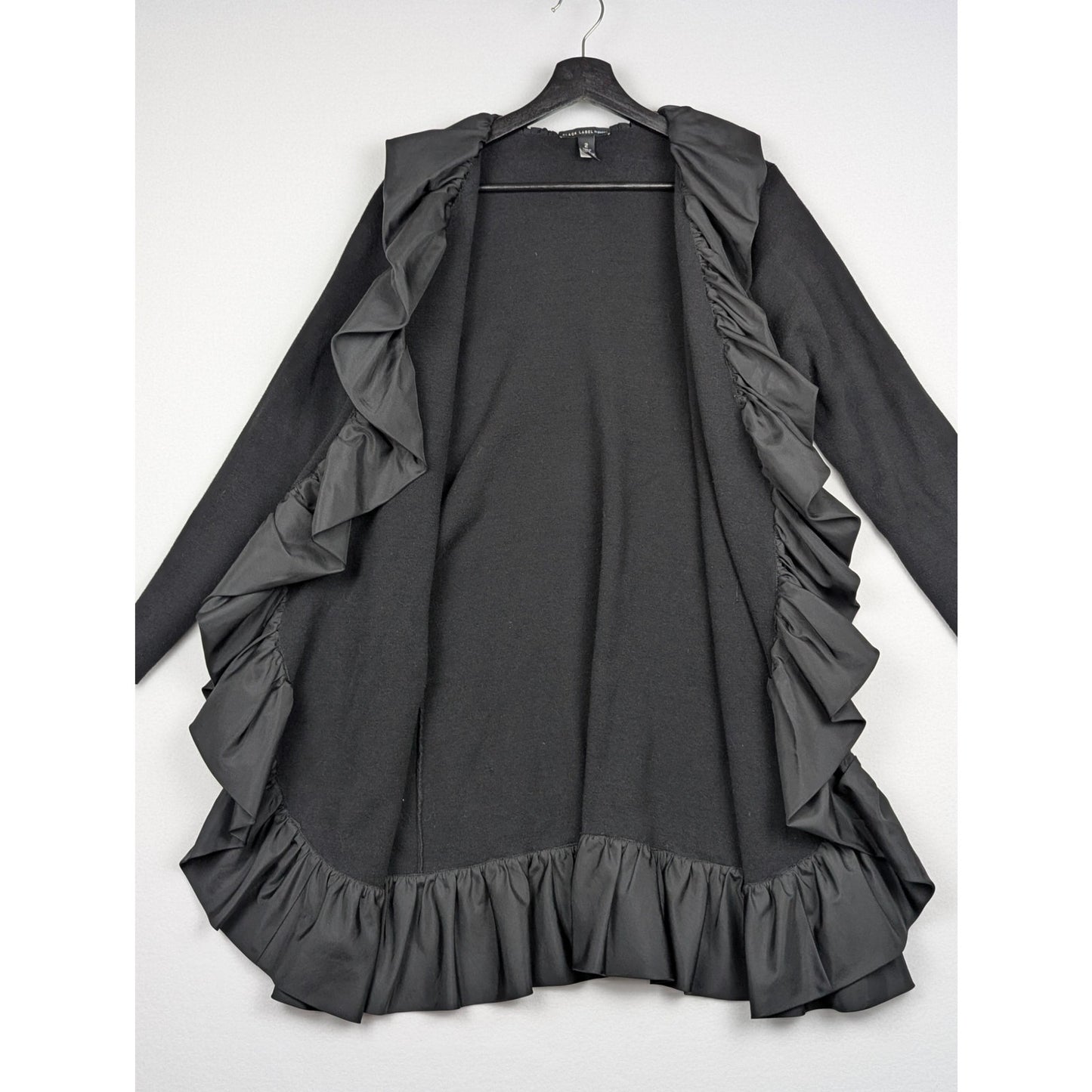 Chico's Black Label Ruffle Trim Long Duster Cardigan Jacket Size 2 Black