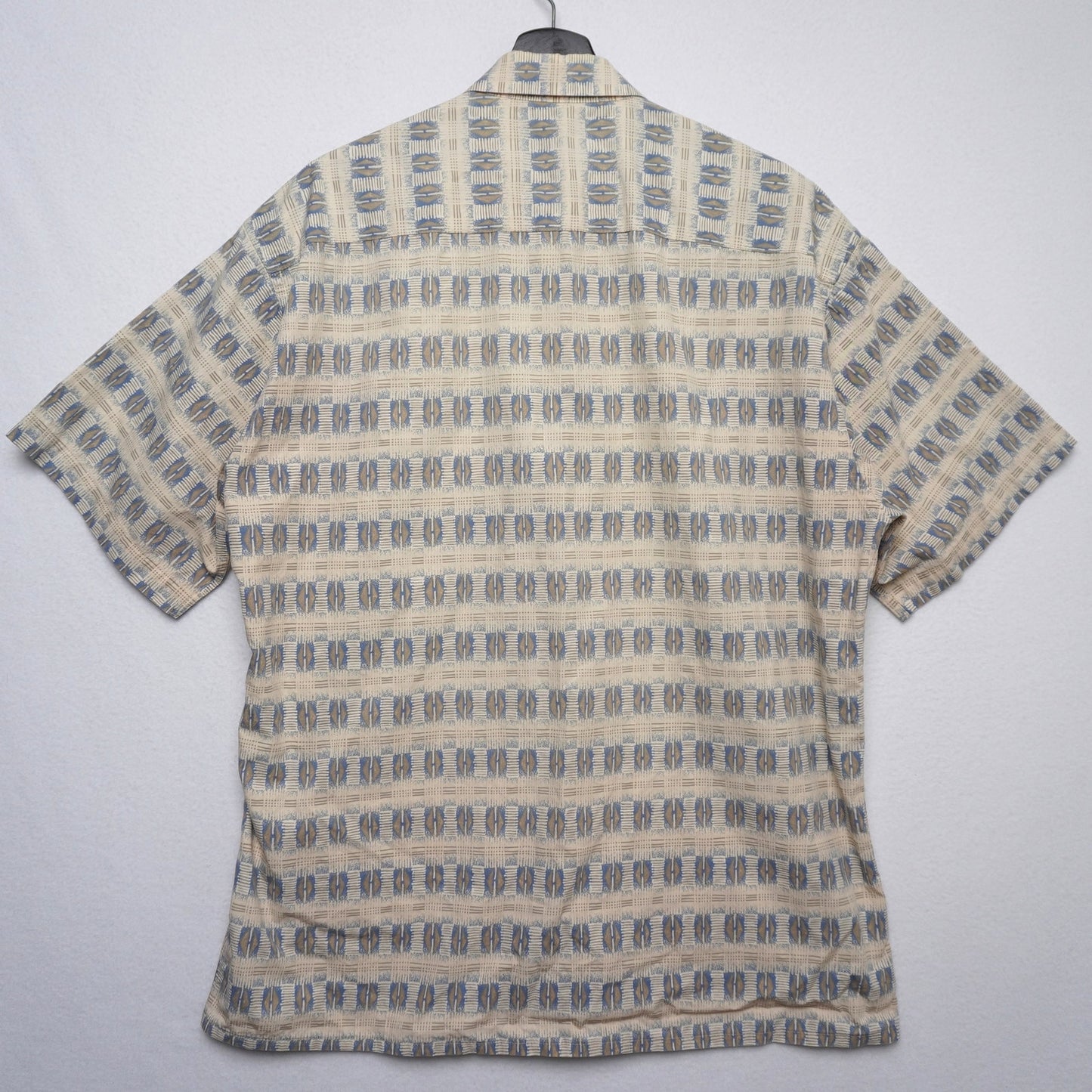 Pierre Cardin Korea 100 % Cotton Geometric Shirt L Beige + Blue 90s Vintage
