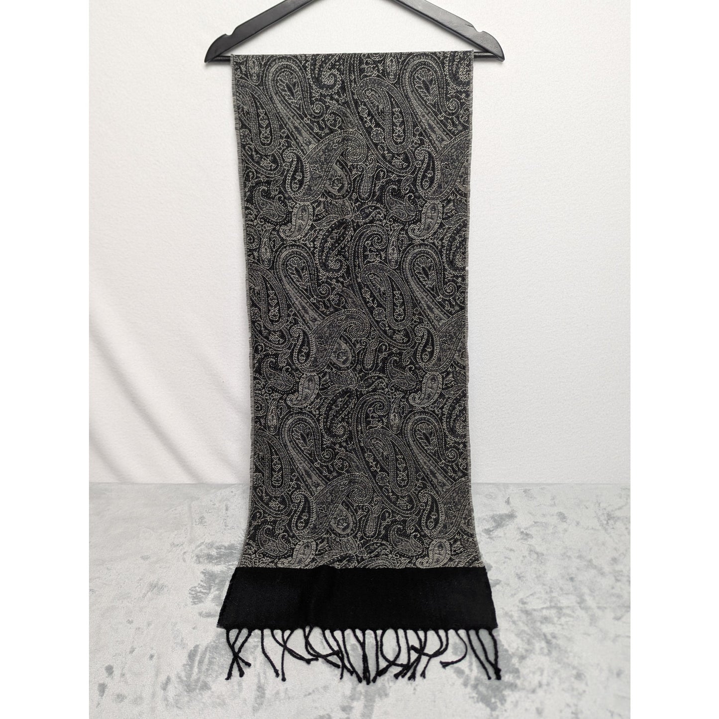 Vintage Style Fringe Edge Boho Black and White Paisley Scarf