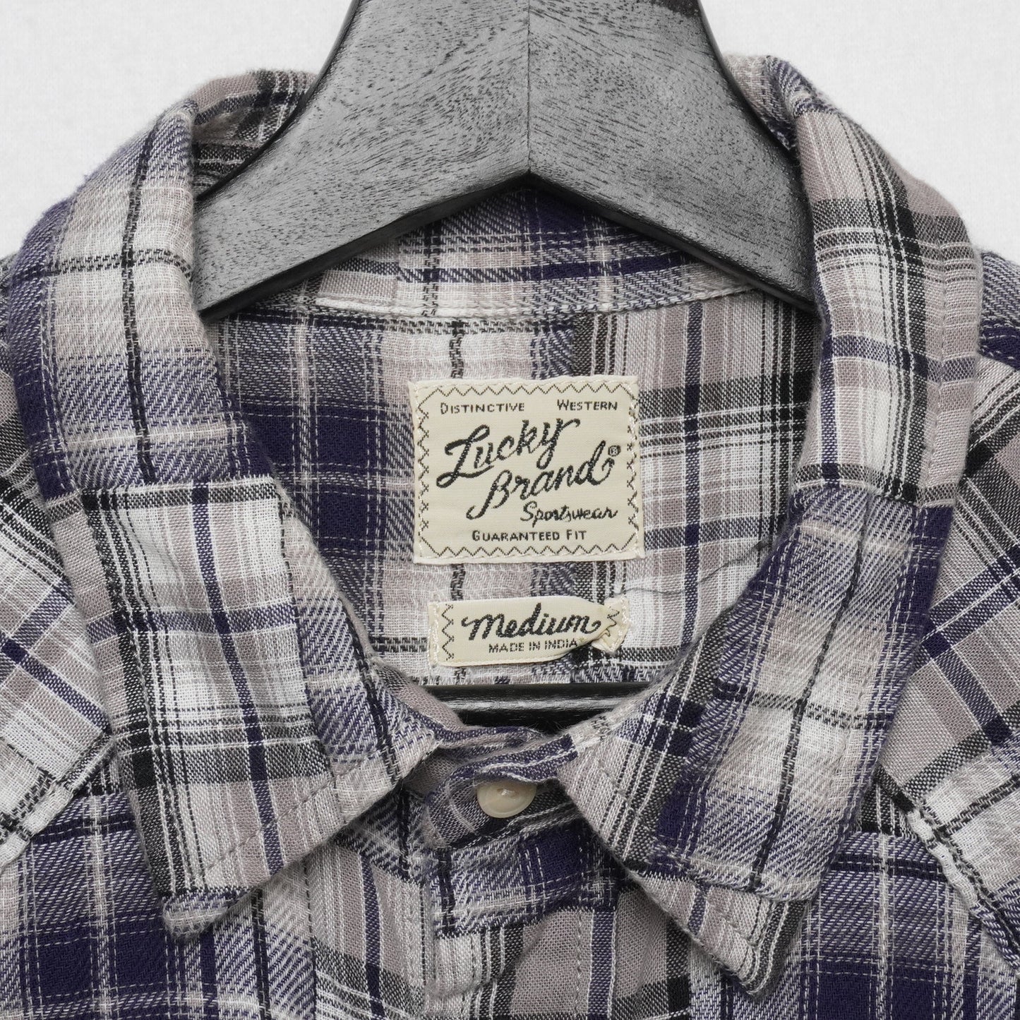 Lucky Brand Western Snap Shirt Men’s Medium Patchwork Plaid 100% Cotton