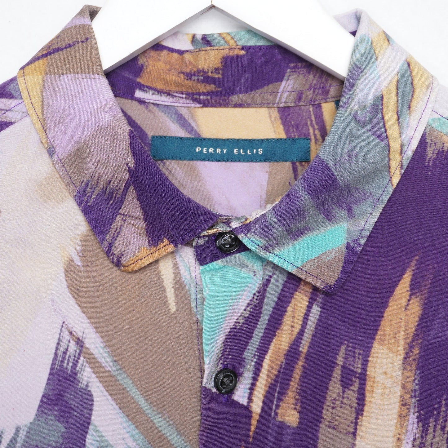 Perry Ellis Abstract Art Shirt Sleeve Shirt Purple Green Gold Size L
