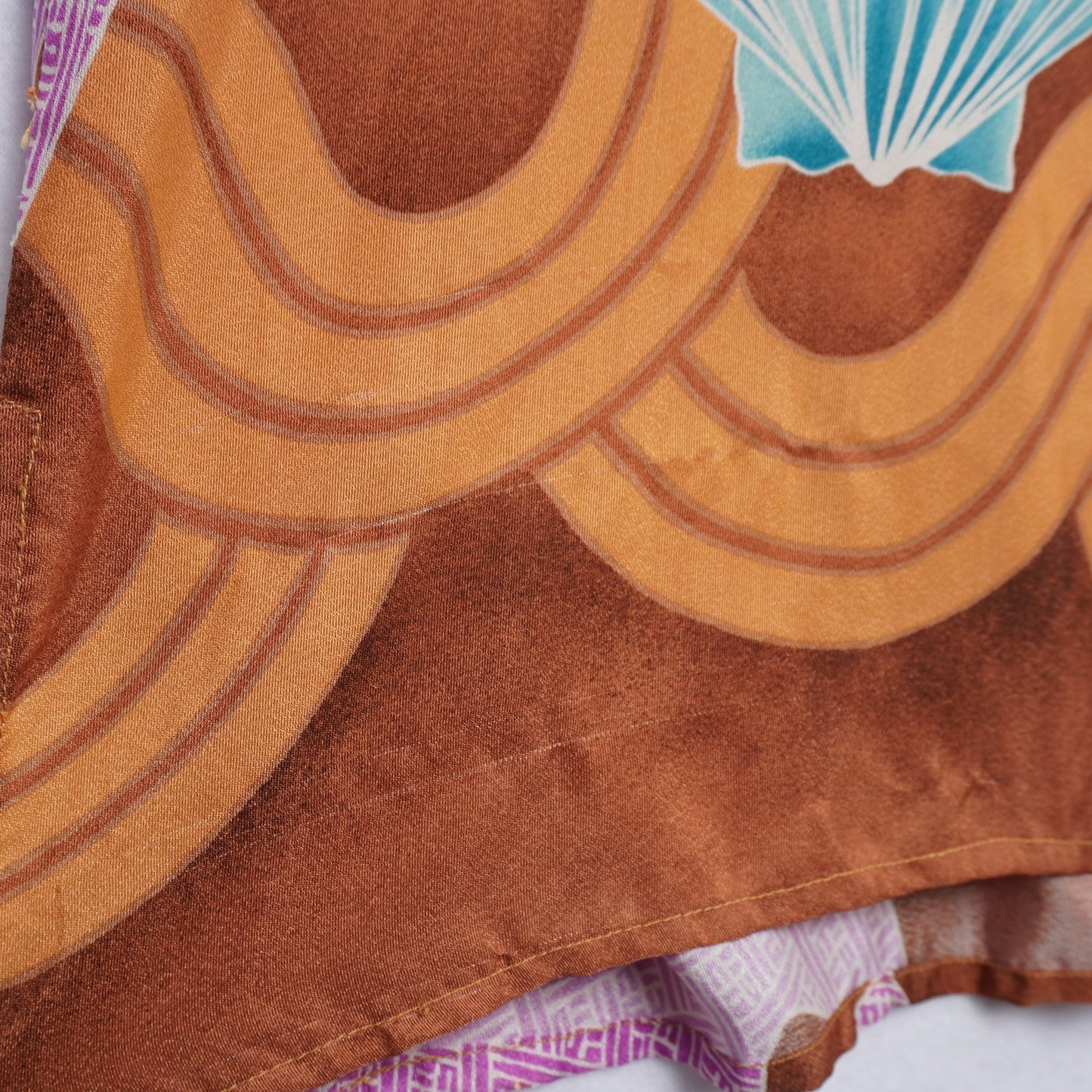 Vintage Handmade Kimono-Inspired Dress Brown Abstract Waves Shell Print Boho M/L