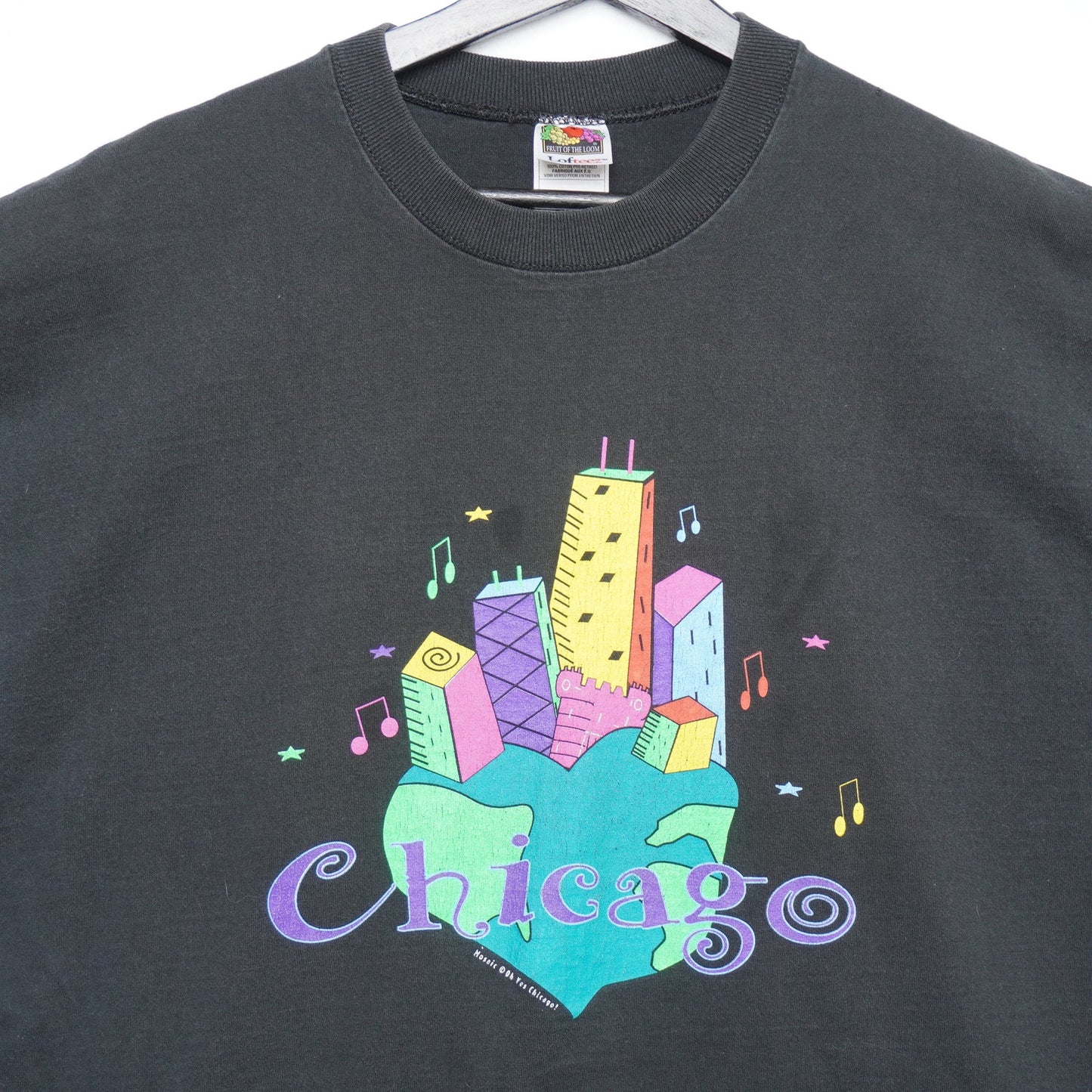 90s Chicago Neon Skyline Heart T-Shirt XL Made in USA Fruit of the Loom Lofteez