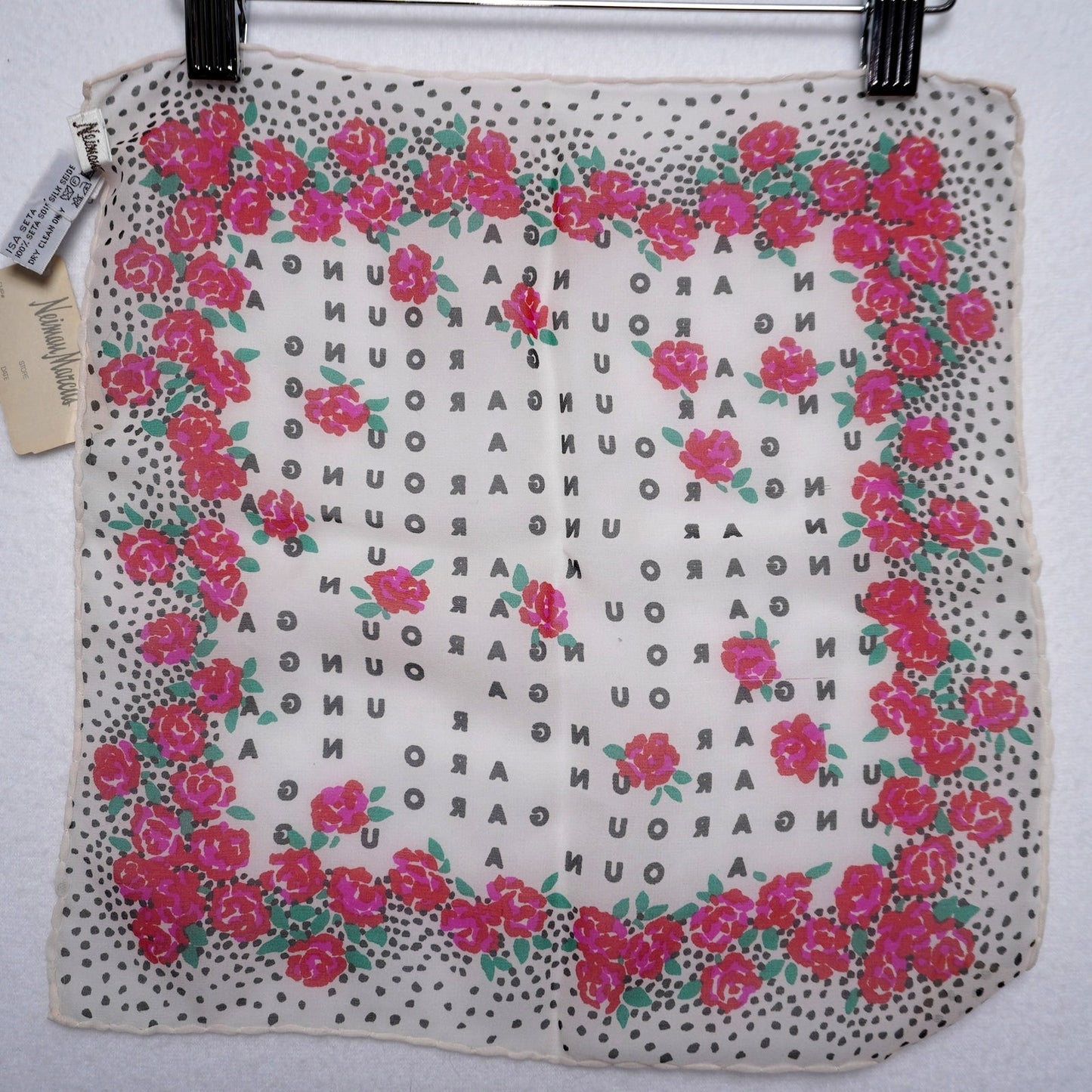 Vintage Emmanuel Ungaro Namesake Rose and Dot Print Scarf w/ Neiman Marcus Tags