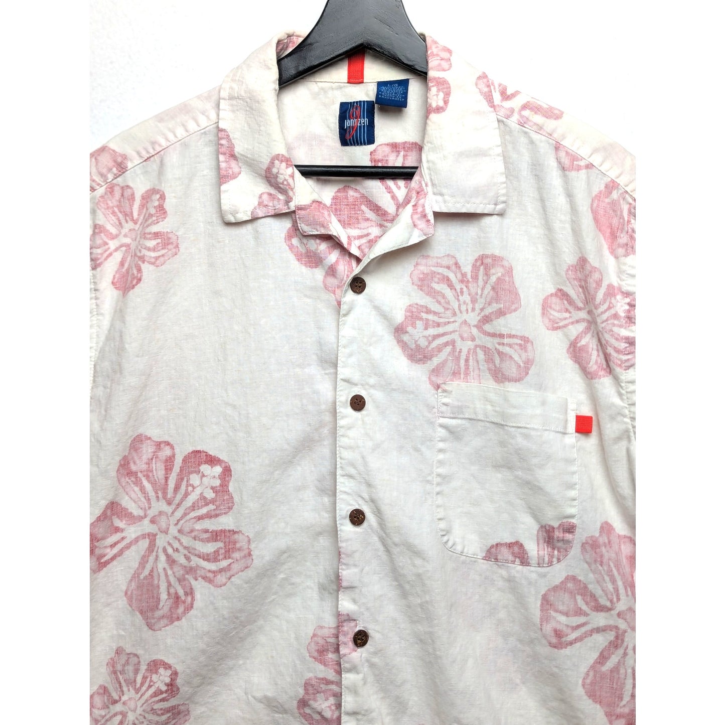 VTG Jantzen White Reverse Print Linen Blend Hawaiian Shirt Red Floral Print Sz L