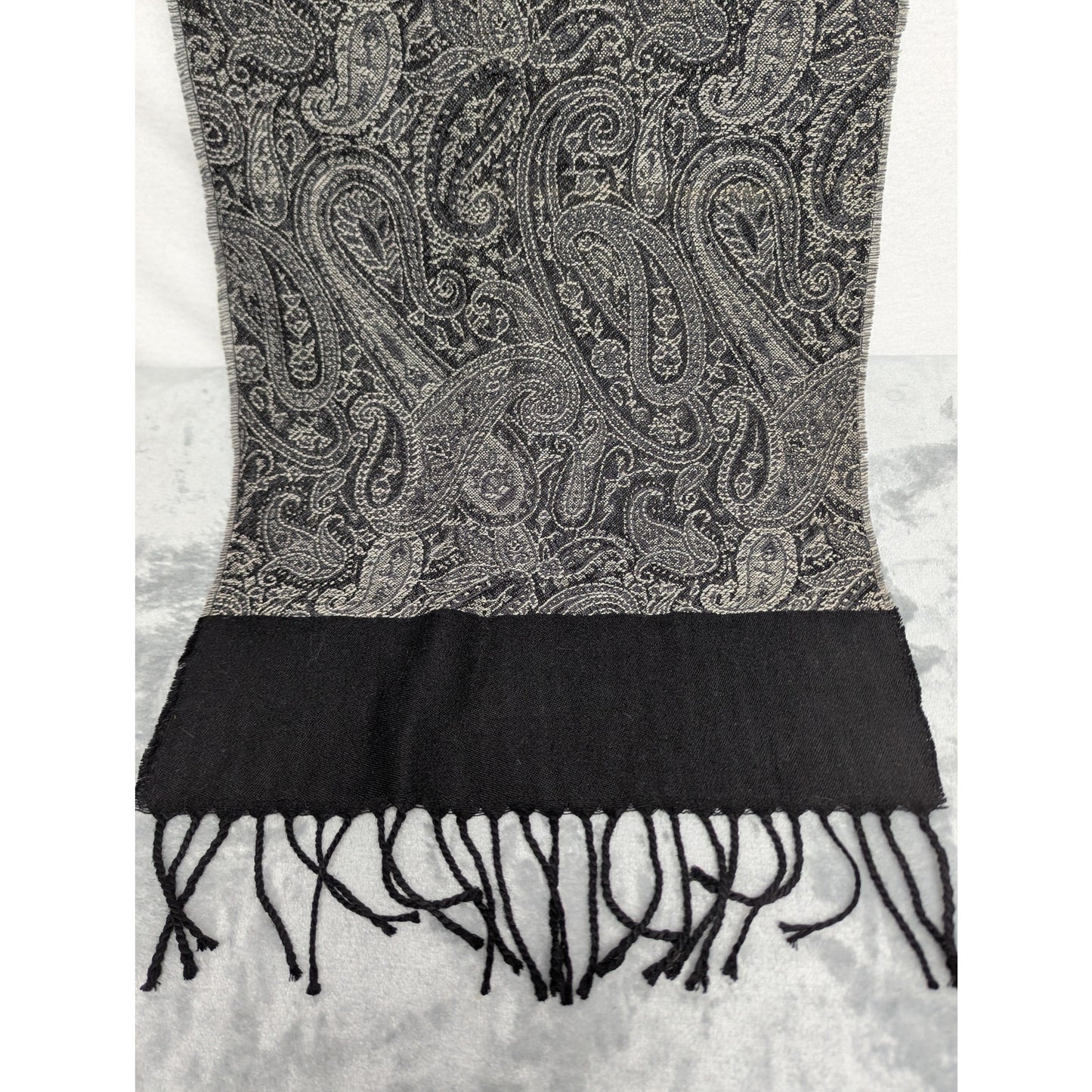 Vintage Style Fringe Edge Boho Black and White Paisley Scarf