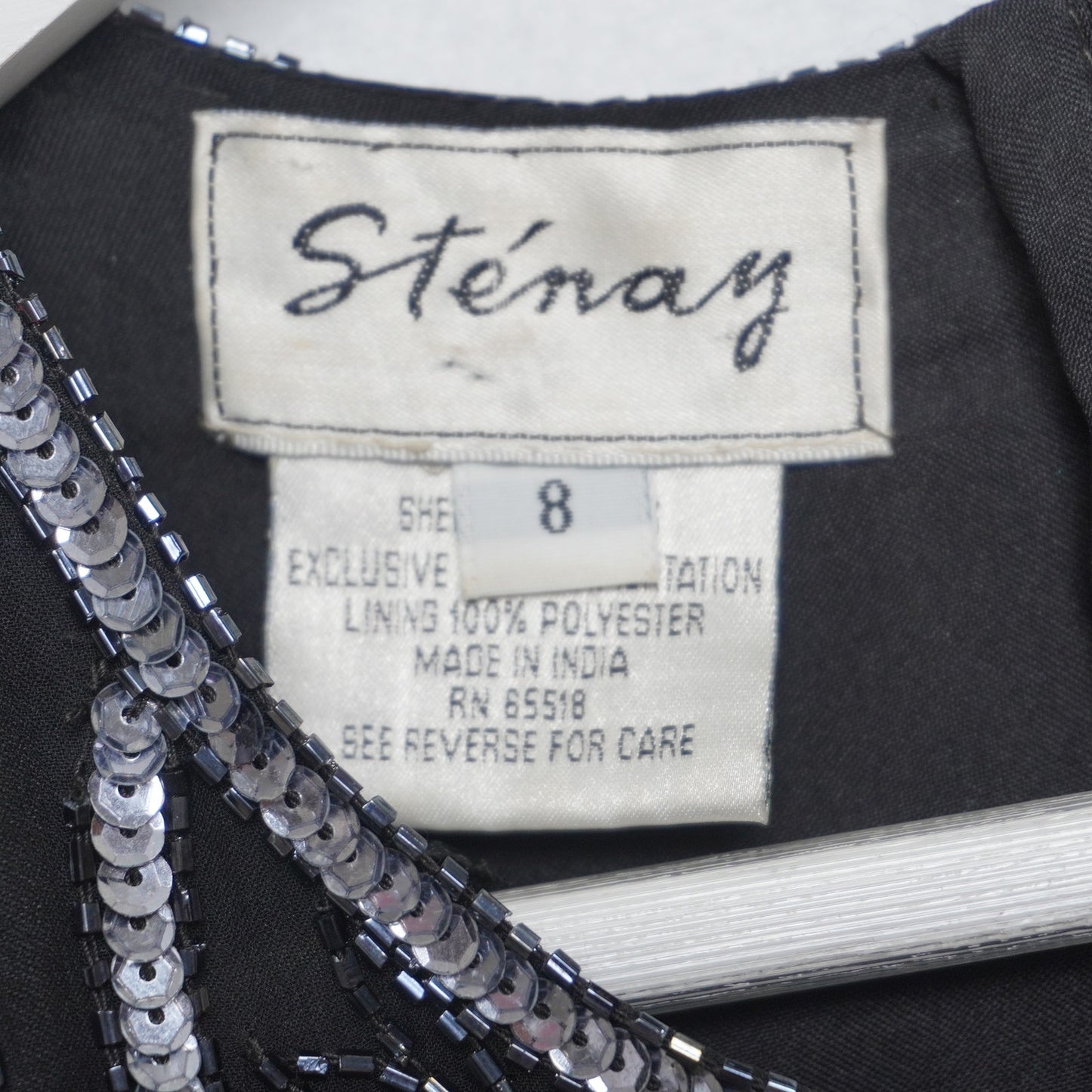 Vintage Stenay Black and Silver Sparkly Beaded Silk Dress Size 8