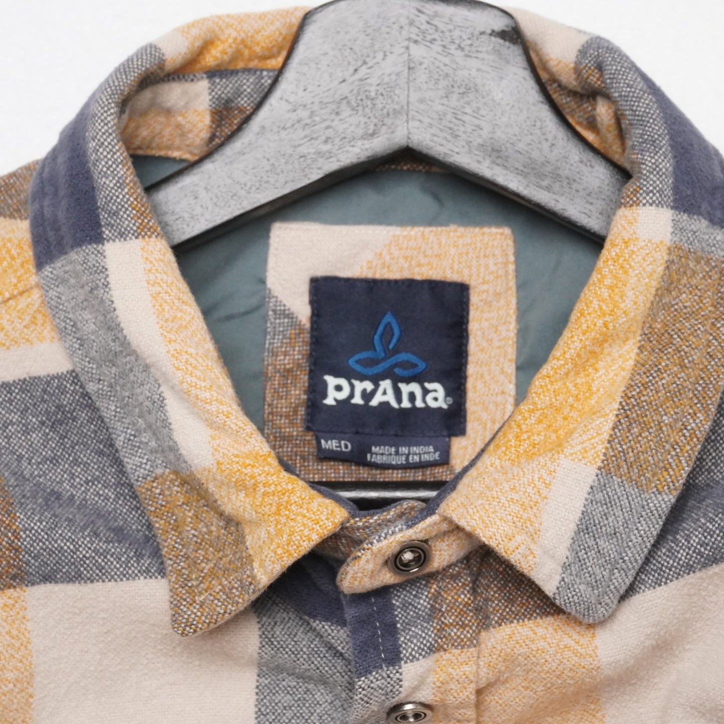Prana Organic Cotton Flannel Shirt Men’s Medium Yellow Navy Plaid Long Sleeve