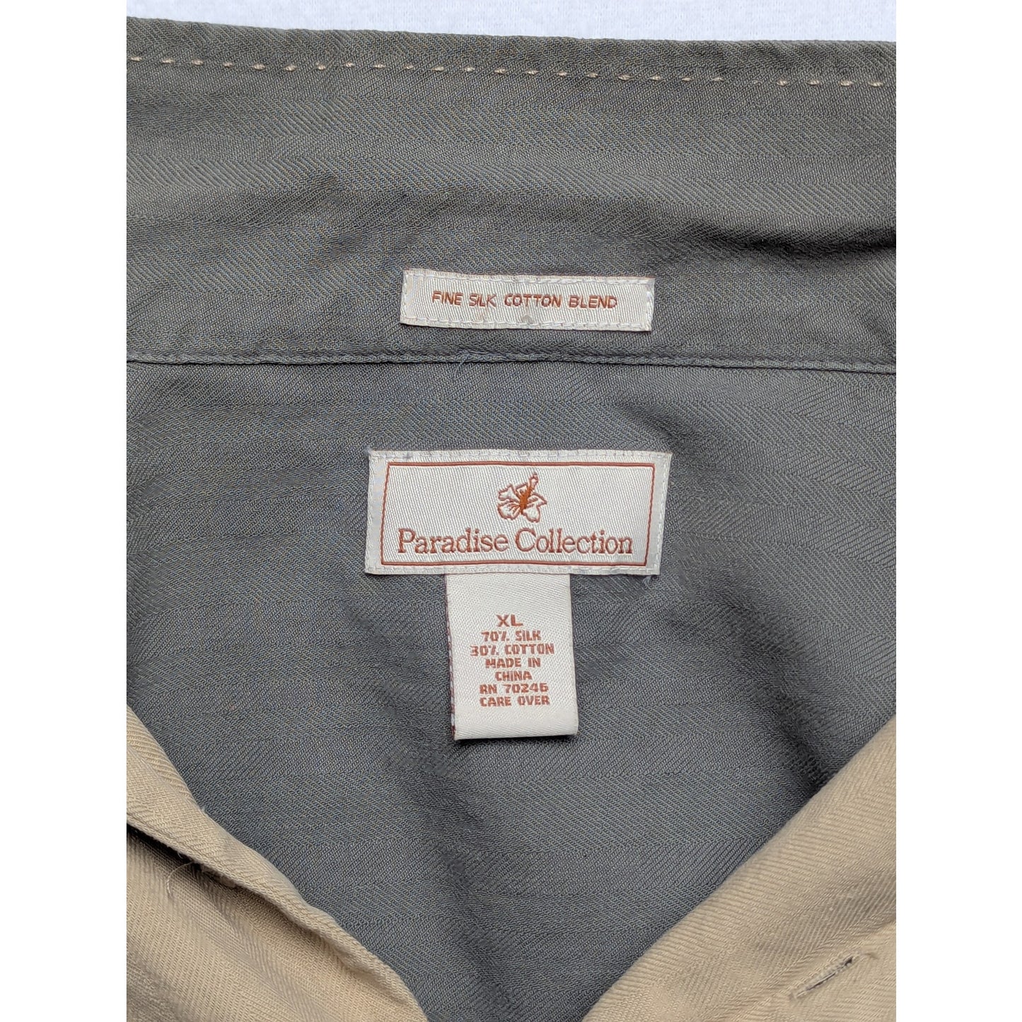 Paradise Collection Men's Sage Green & Tan Silk Blend Loop Collar Shirt Size XL