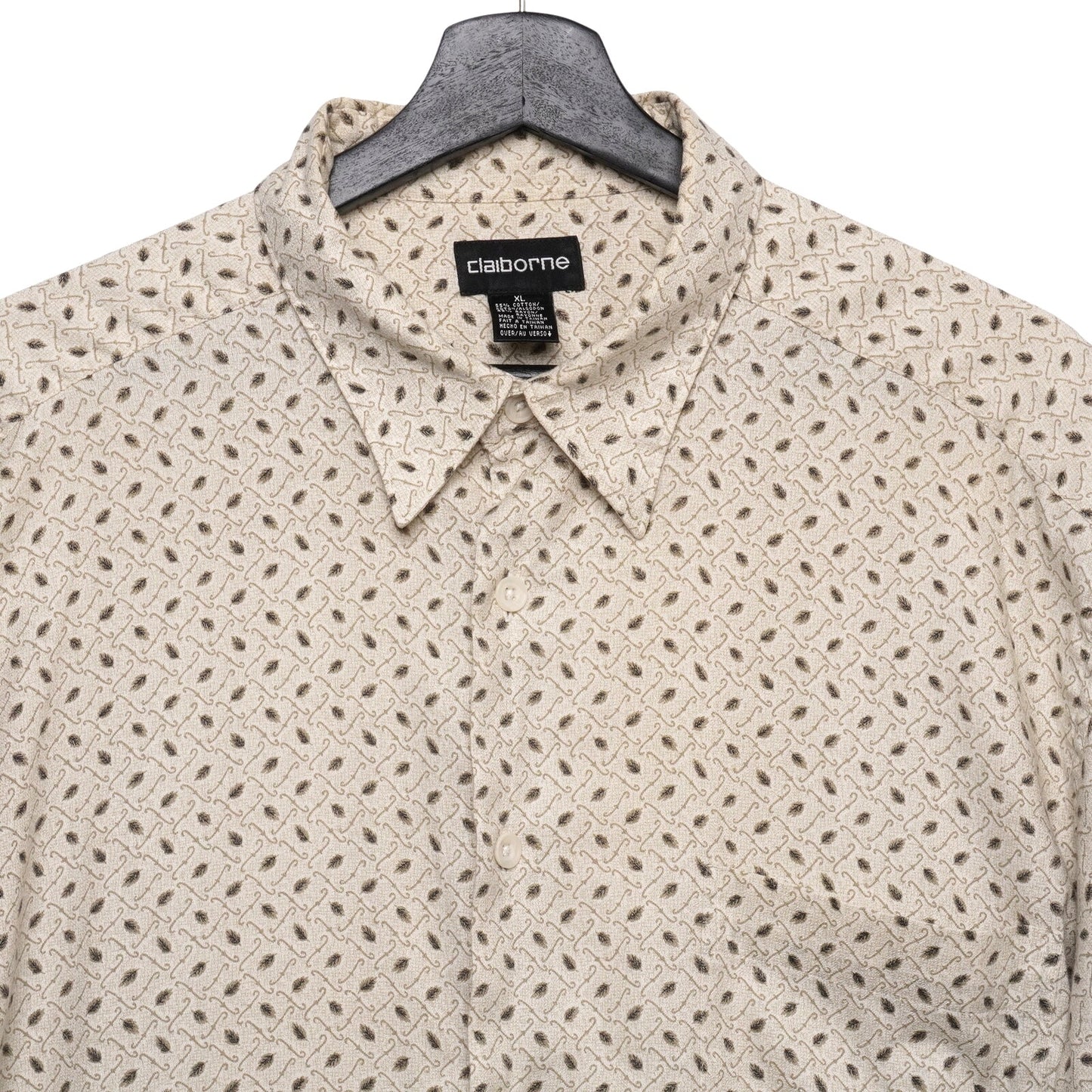 Vintage Claiborne Shirt Mens XL Beige Geometric Pattern Short Sleeve