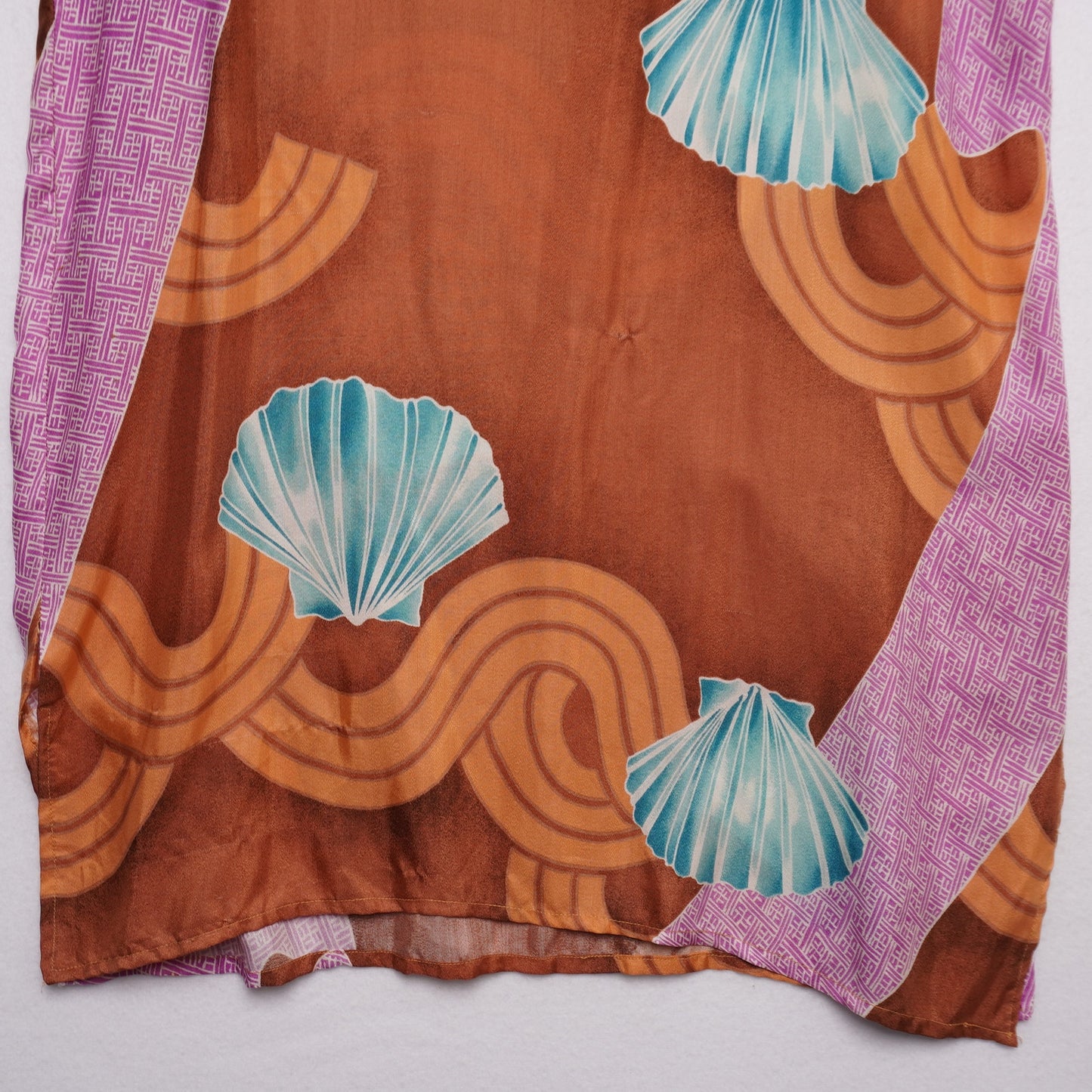 Vintage Handmade Kimono-Inspired Dress Brown Abstract Waves Shell Print Boho M/L