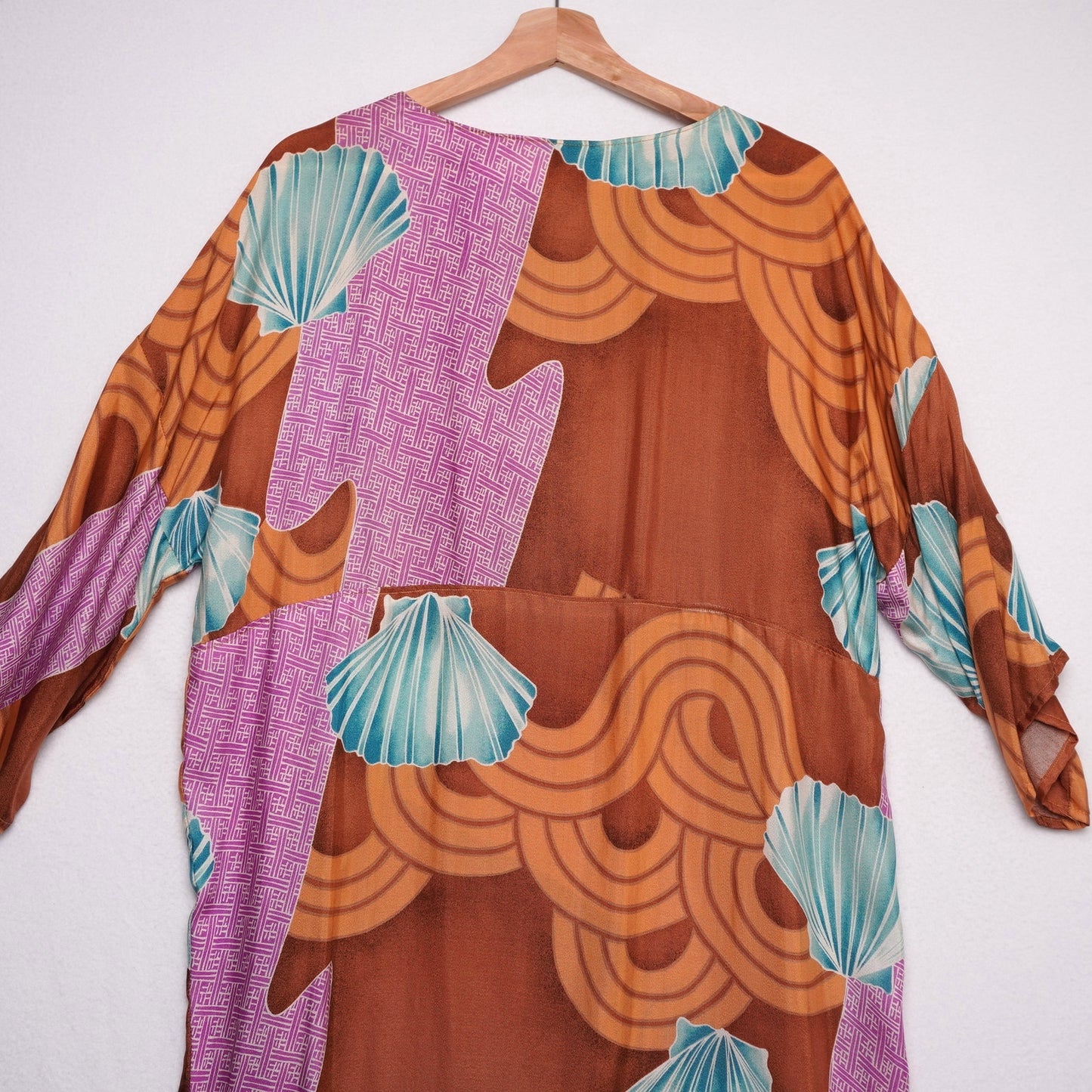 Vintage Handmade Kimono-Inspired Dress Brown Abstract Waves Shell Print Boho M/L