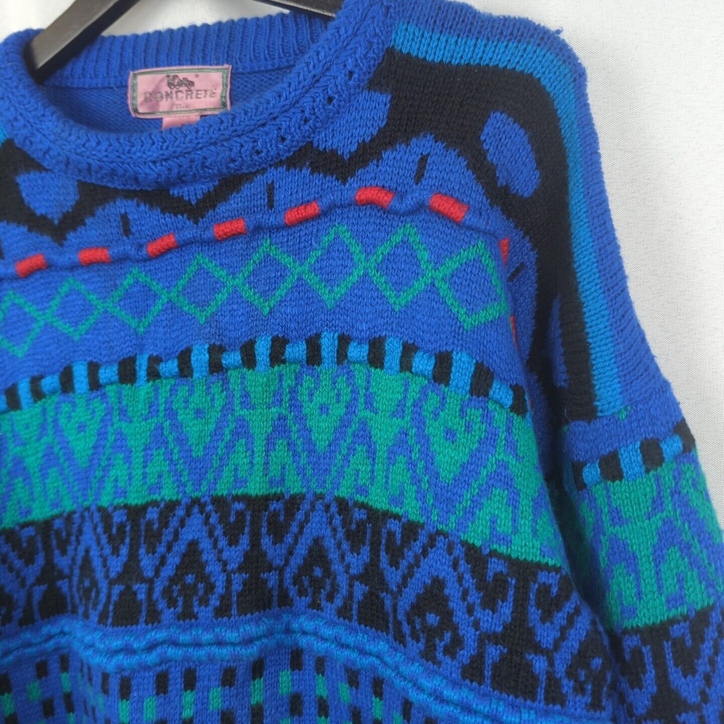 Concrete Mix Sweater Mens Size L Vintage Crew Neck Knit Pullover Blue Green Red