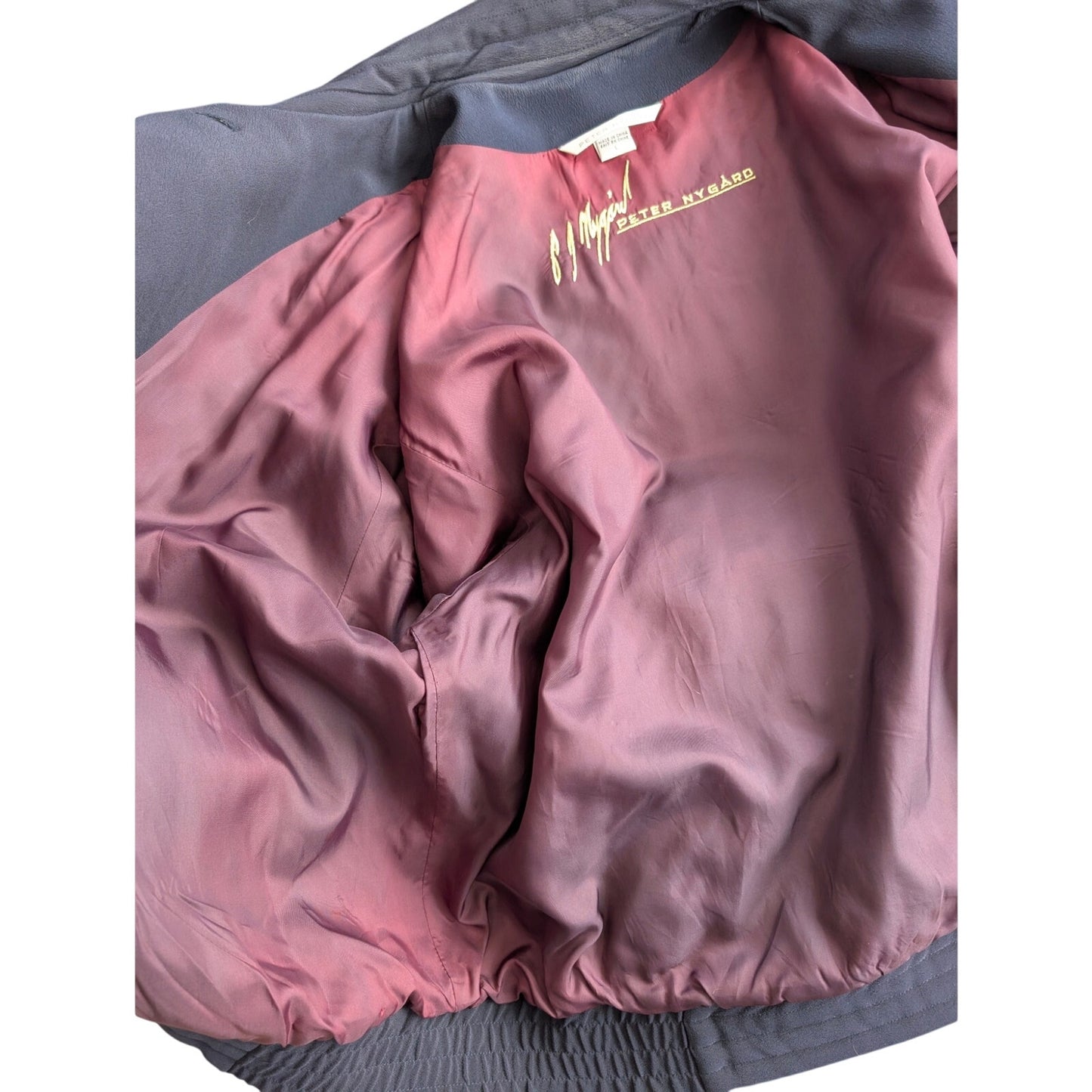 Vintage Peter Nygard Navy Silk Bomber with Ribbon and Gold Accents